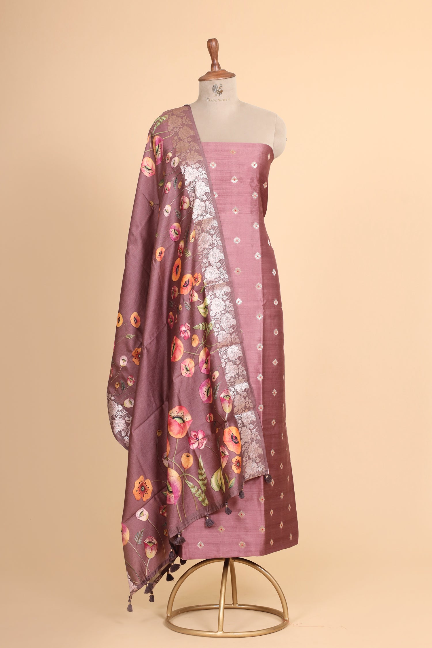 Dusty Mauve Chiniya Silk Suit Set With Printed Chiniya Dupatta