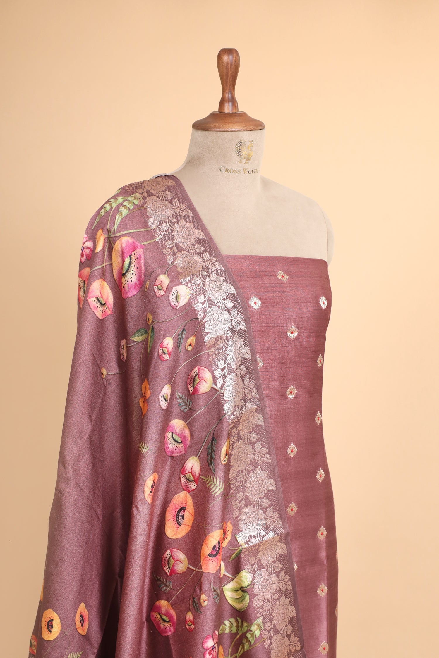 Dusty Mauve Chiniya Silk Suit Set With Printed Chiniya Dupatta