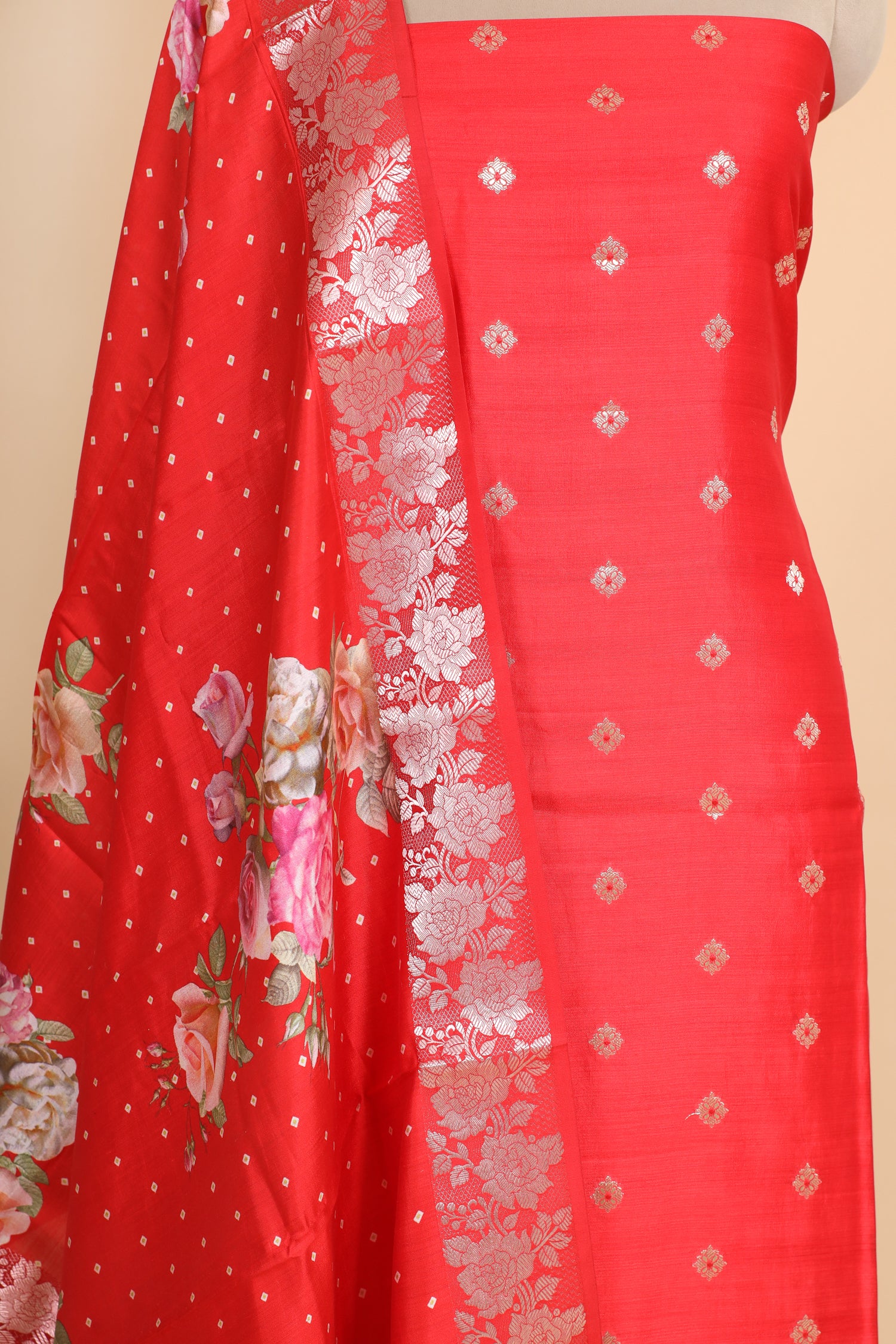 Red Chiniya Silk Suit Set With Printed Chiniya Dupatta