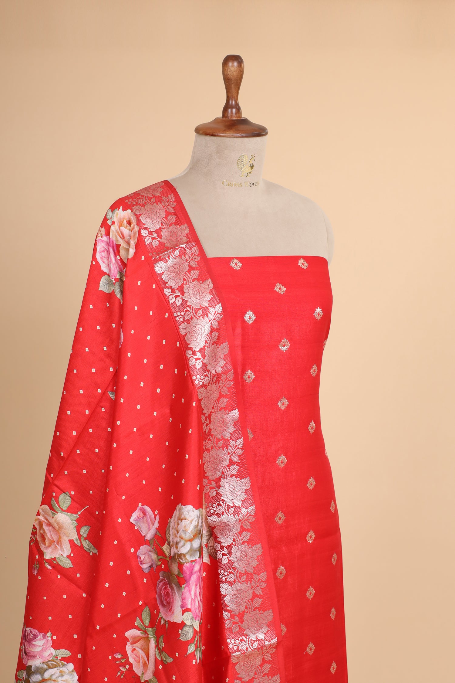 Red Chiniya Silk Suit Set With Printed Chiniya Dupatta