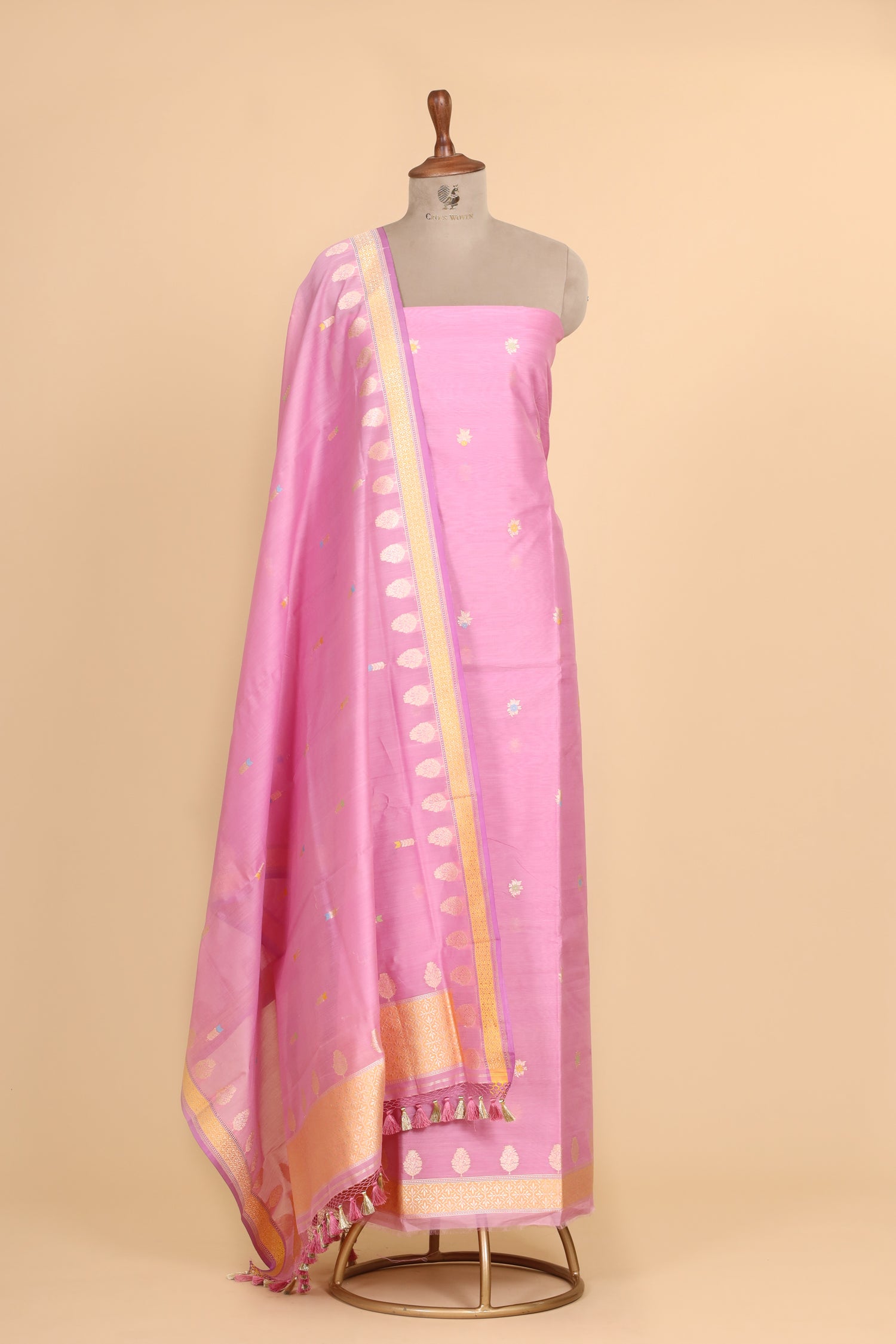 Blush Pink Premium Cotton Banarasi Suit With Meenakari Floral Motif