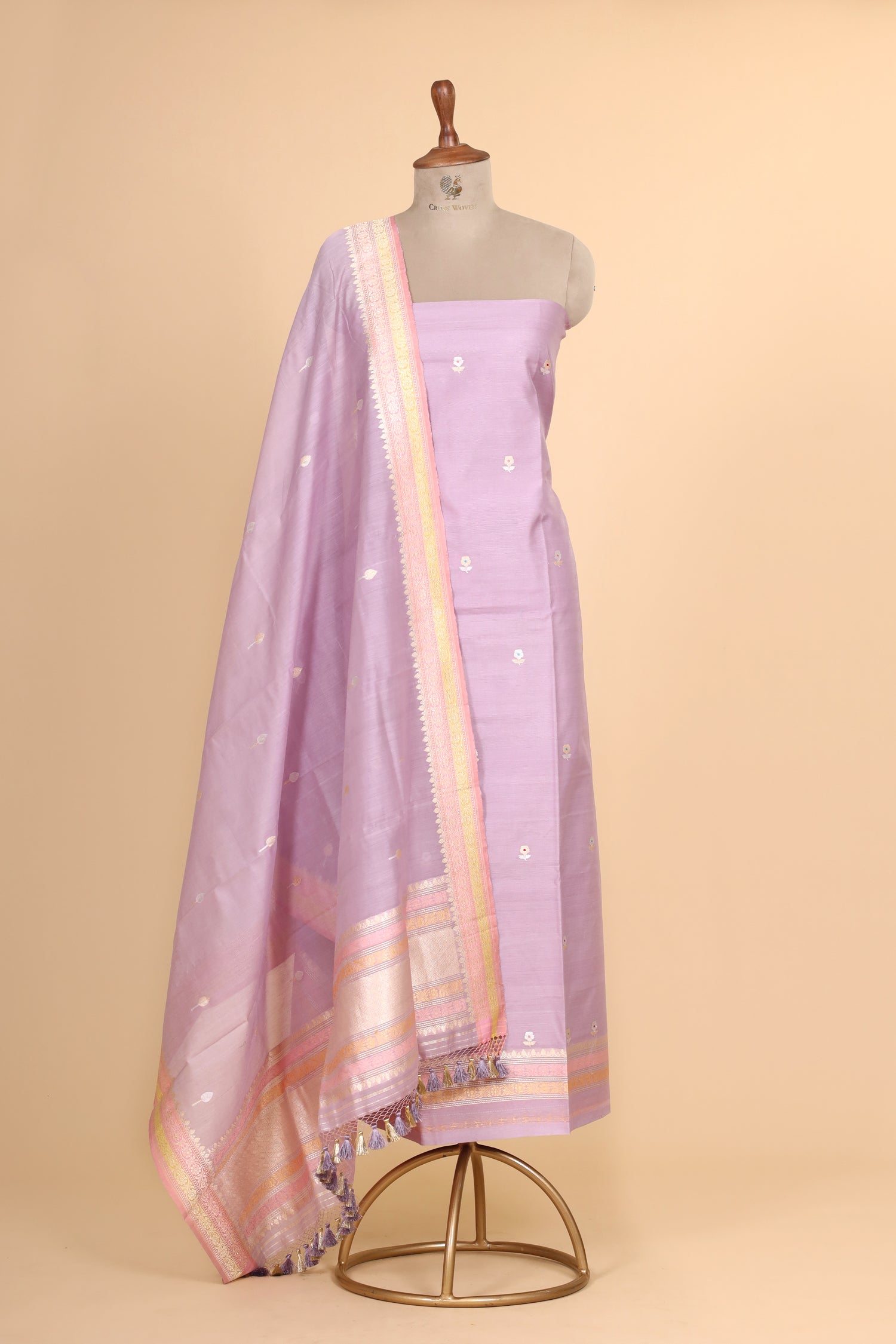Lavender Premium Cotton Banarasi Suit With Meenakari Floral Motif