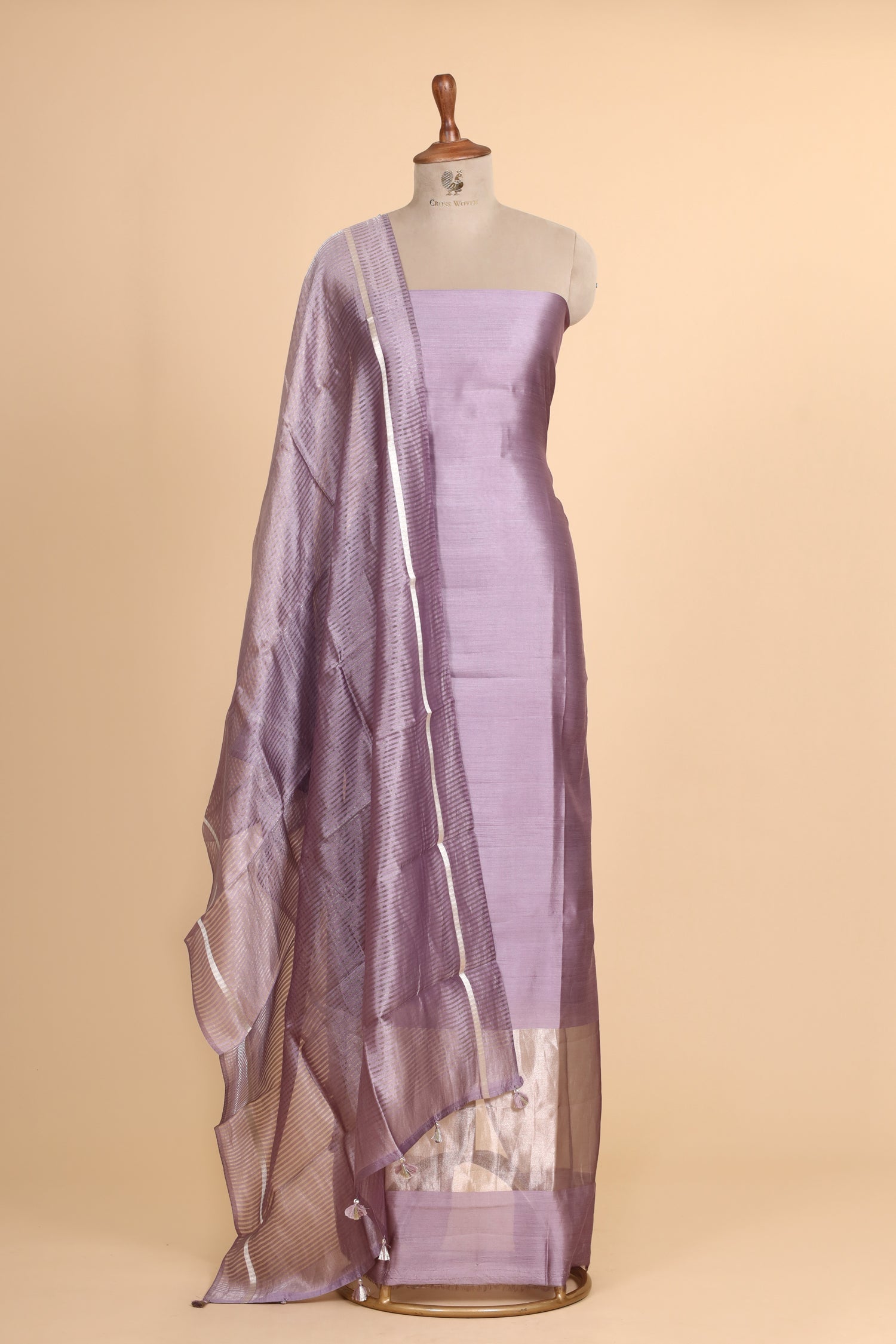 Lavender Green Chiniya Silk Suit Set With Tissue Stripe Dupatta