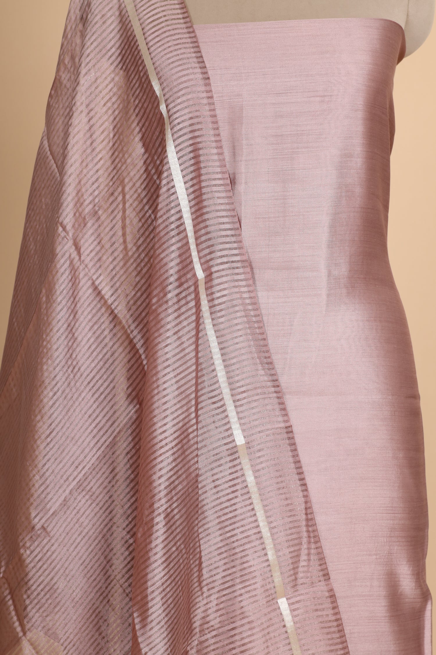 Pastel Pink  Chiniya Silk Suit Set With Tissue Stripe Dupatta