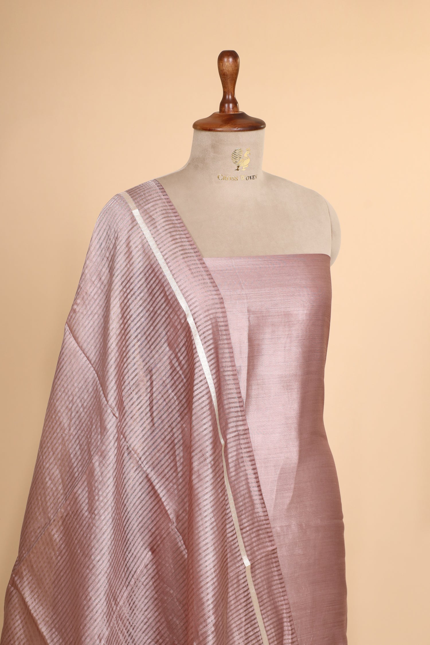 Pastel Pink  Chiniya Silk Suit Set With Tissue Stripe Dupatta