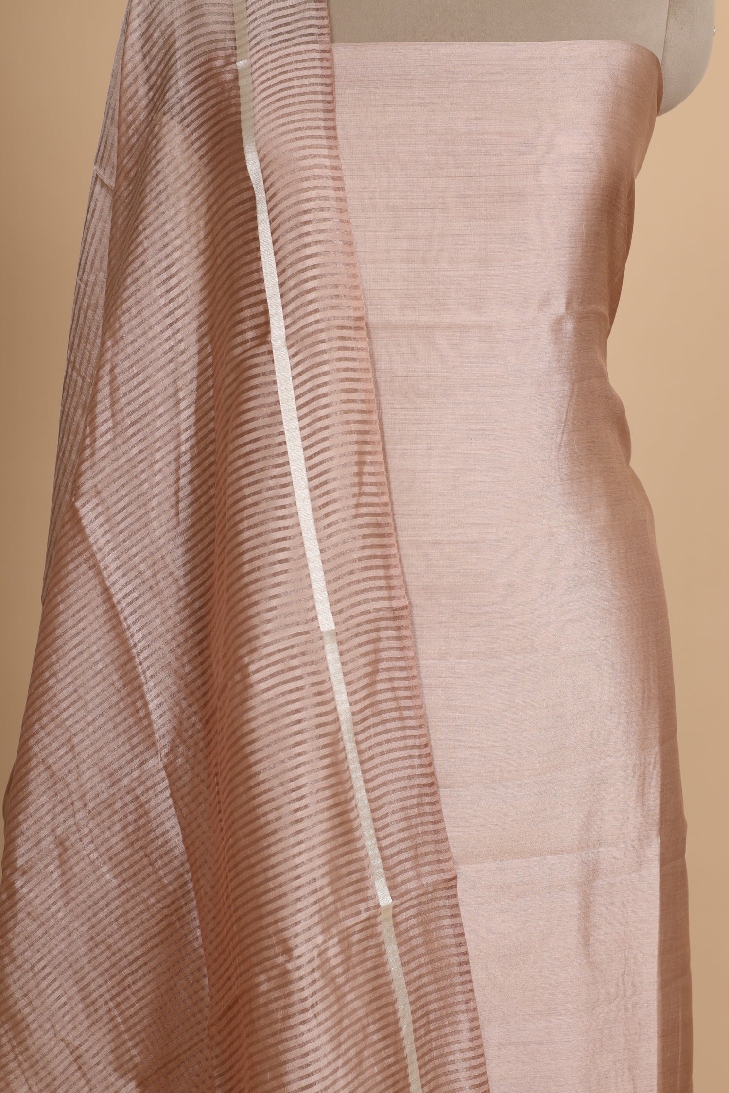Gold Beige Chiniya Silk Suit Set With Tissue Stripe Dupatta