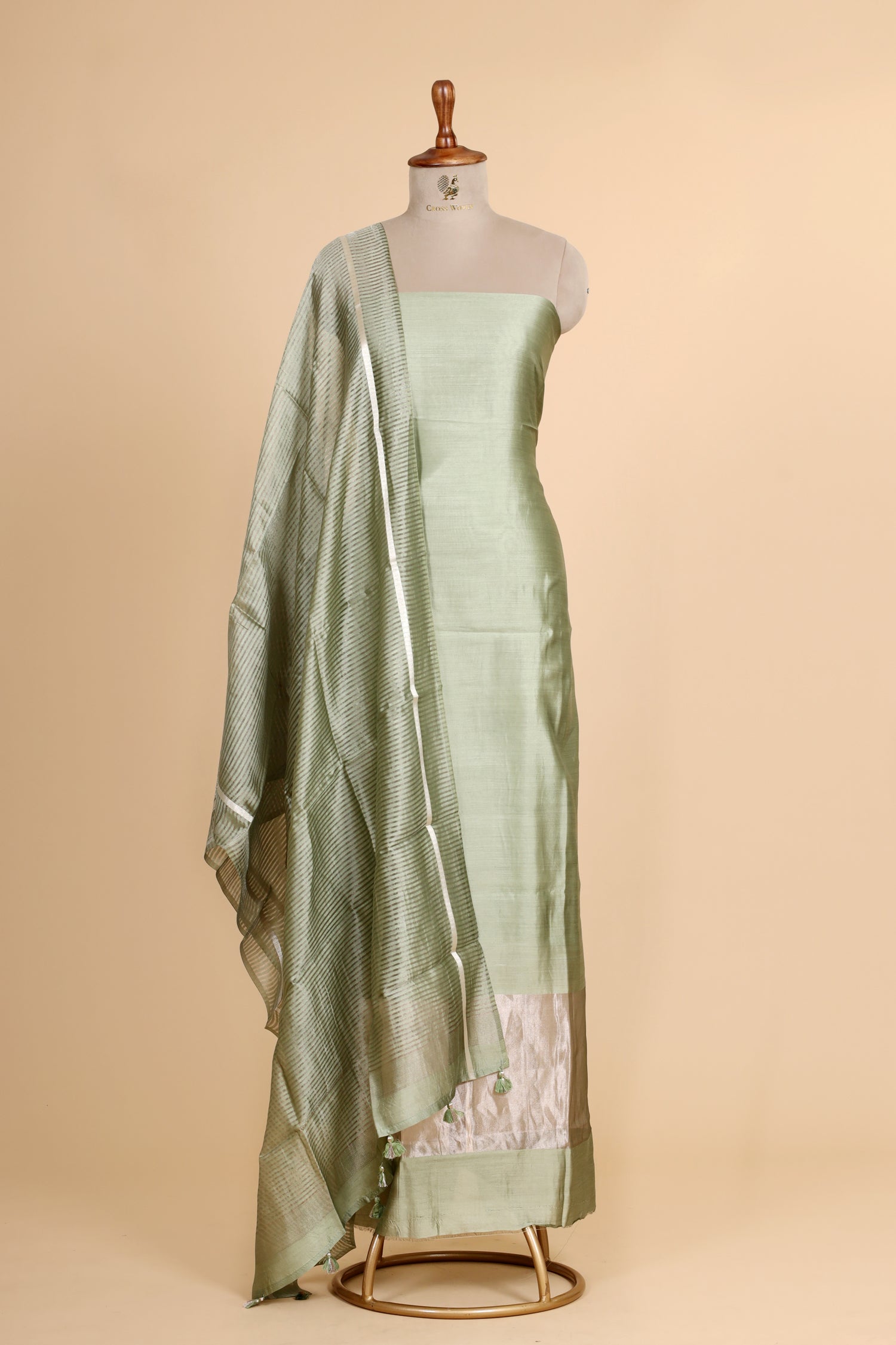 Pista Green Chiniya Silk Suit Set With Tissue Stripe Dupatta