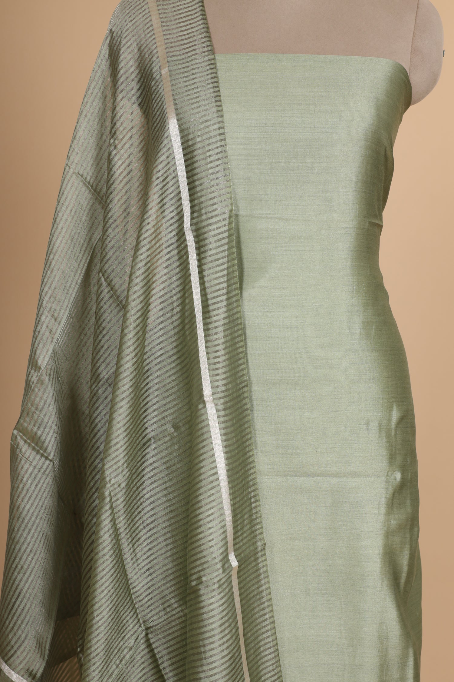 Pista Green Chiniya Silk Suit Set With Tissue Stripe Dupatta