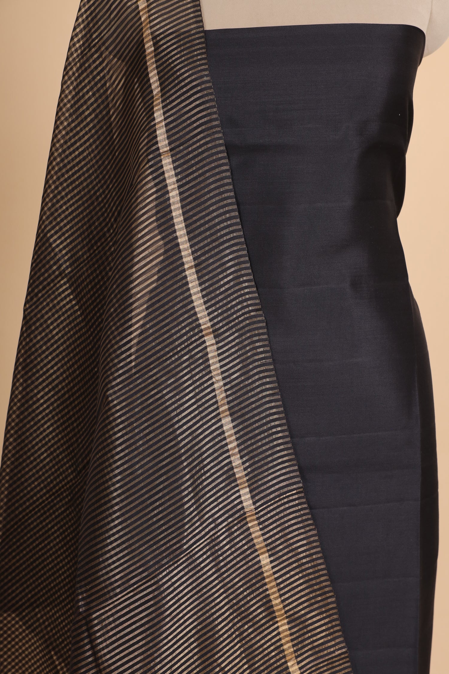 Black Chiniya Silk Suit Set With Tissue Stripe Dupatta