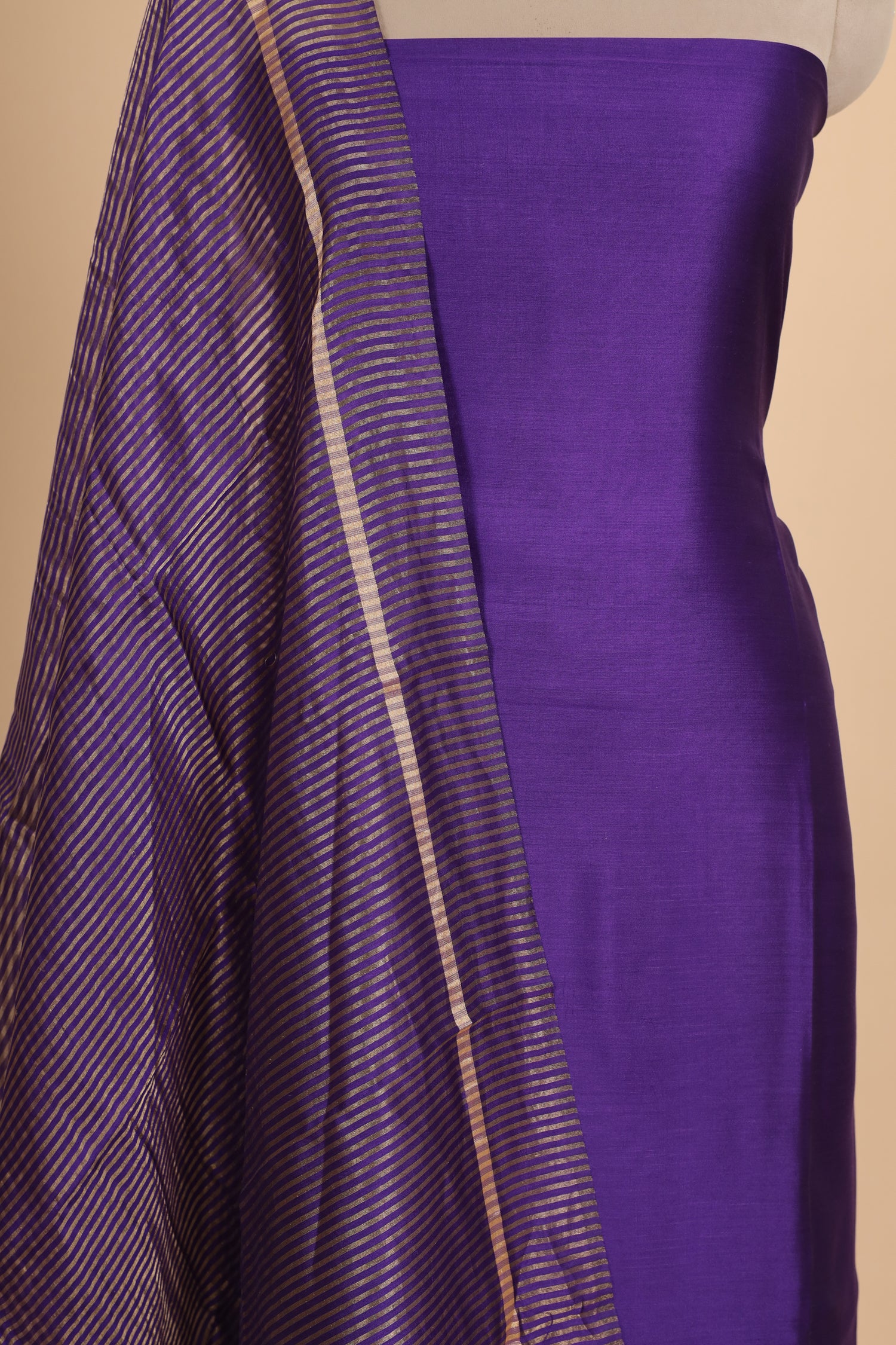 Deep Purple Chiniya Silk Suit Set With Tissue Stripe Dupatta