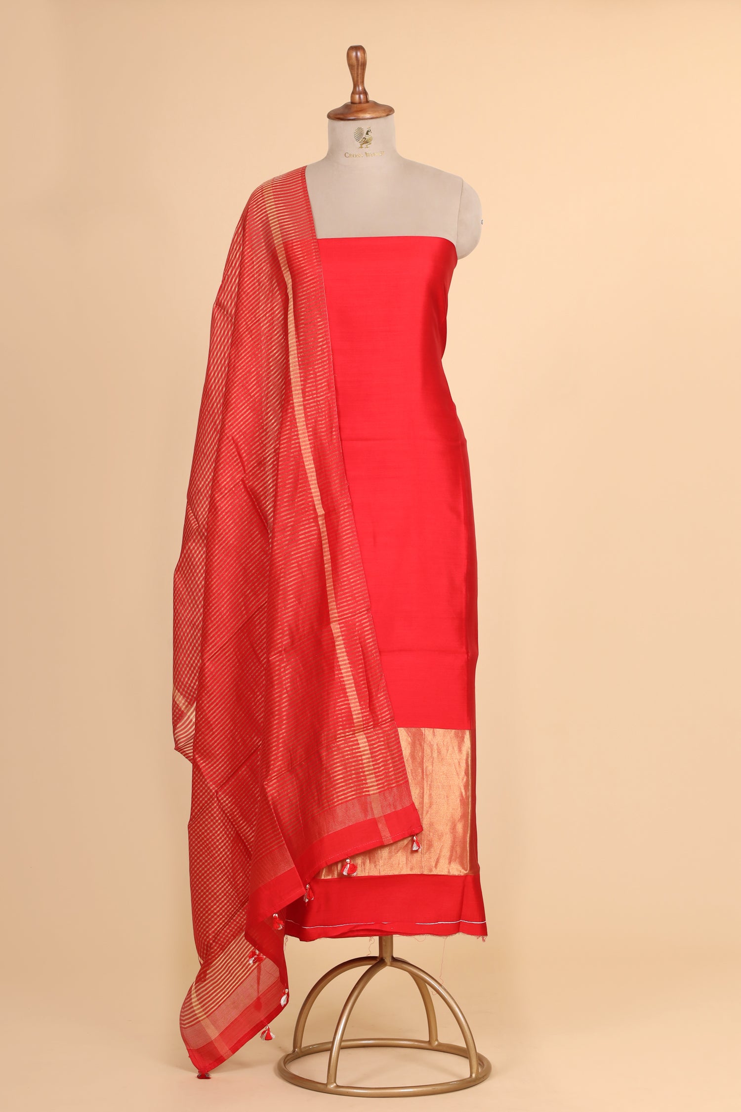 Red Chiniya Silk Suit Set With Tissue Stripe Dupatta