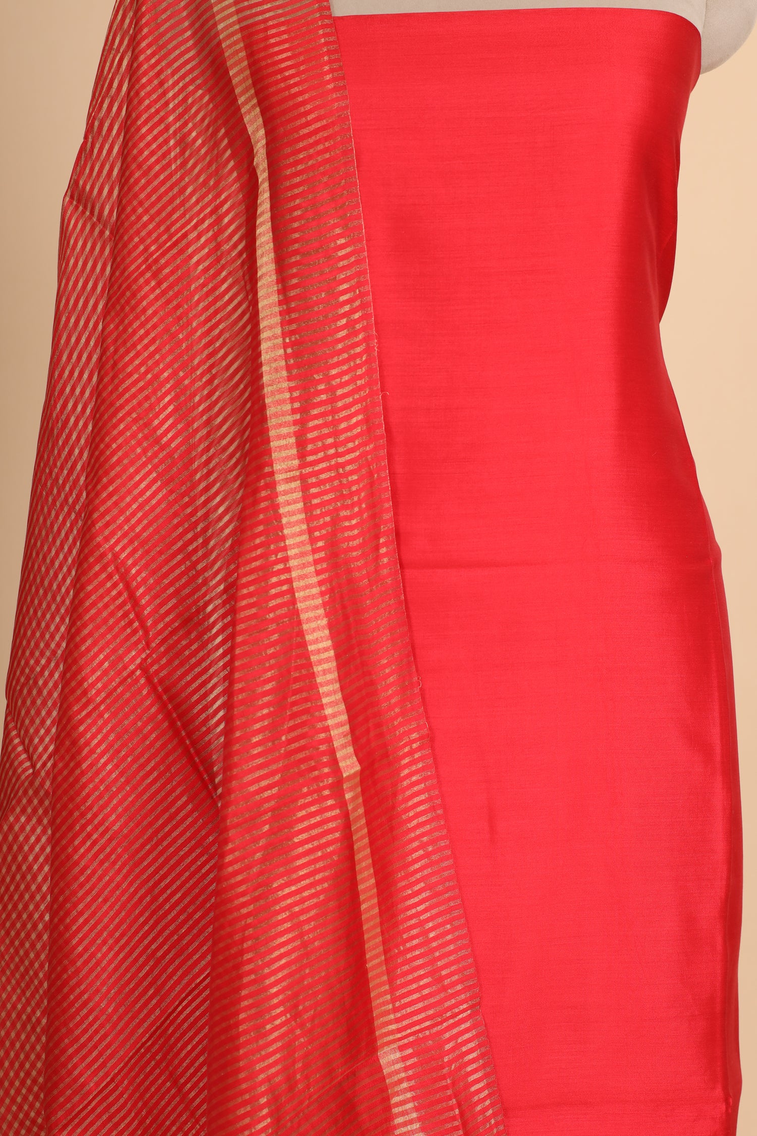 Red Chiniya Silk Suit Set With Tissue Stripe Dupatta