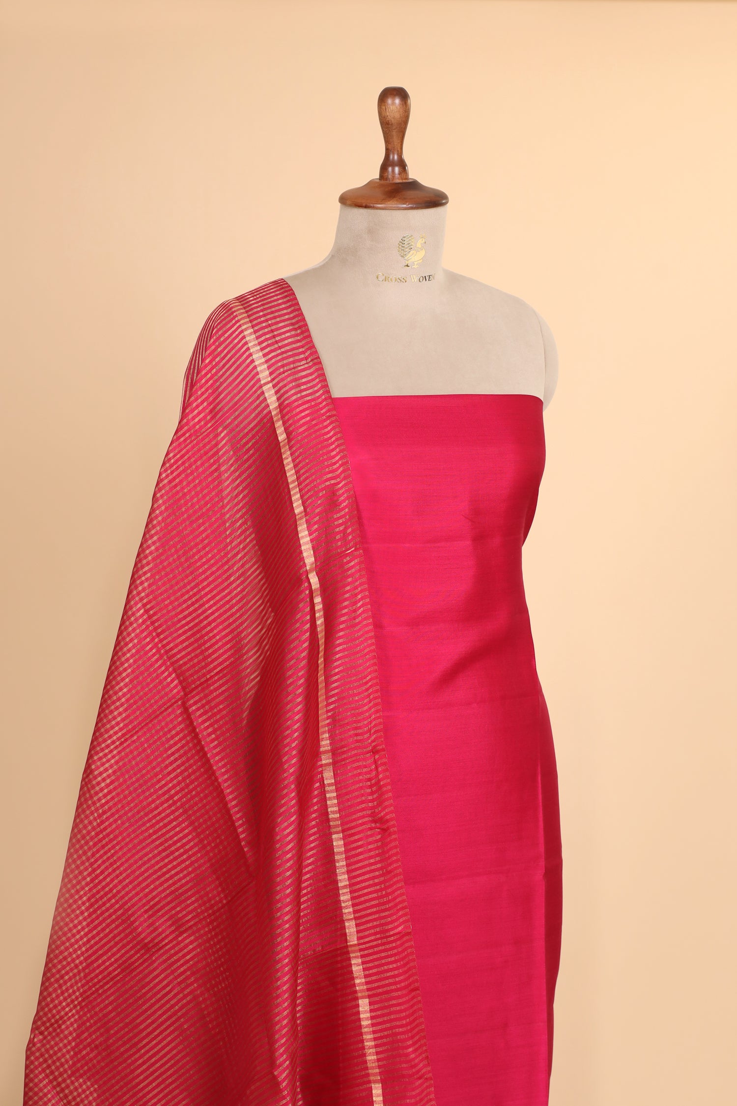 Pink Chiniya Silk Suit Set With Tissue Stripe Dupatta