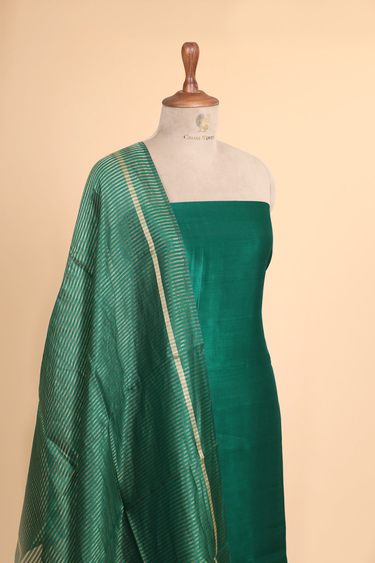 Bottle Green Chiniya Silk Suit Set With Tissue Stripe Dupatta