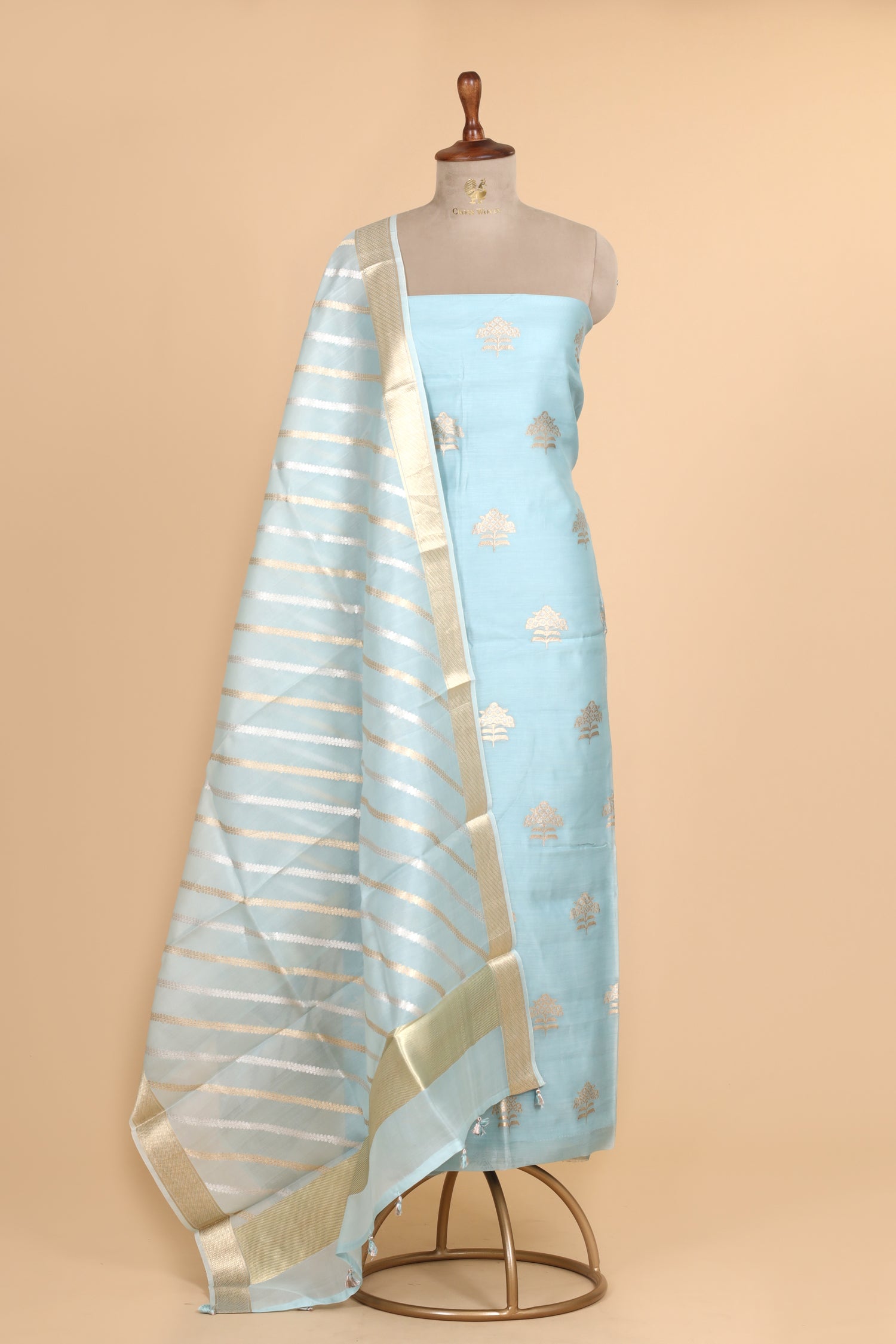 Powder Blue Premium Cotton Banarasi Suit With Organza Dupatta