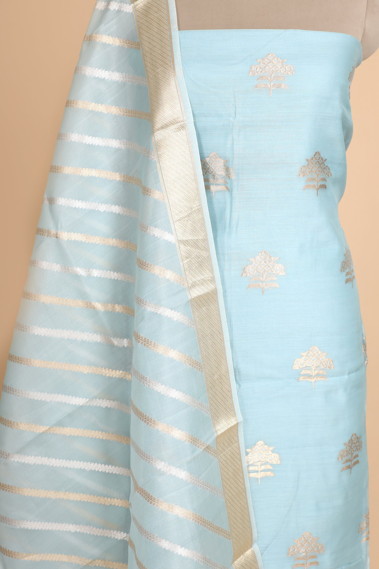 Powder Blue Premium Cotton Banarasi Suit With Organza Dupatta