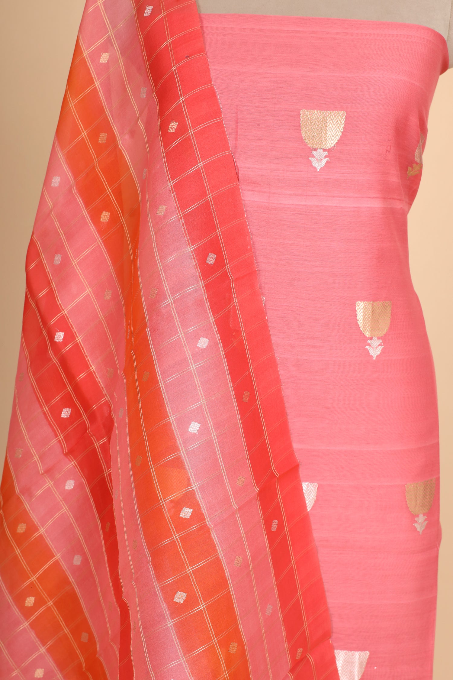Coral Pink Premium Cotton Banarasi Suit With Organza Rangkaat Dupatta