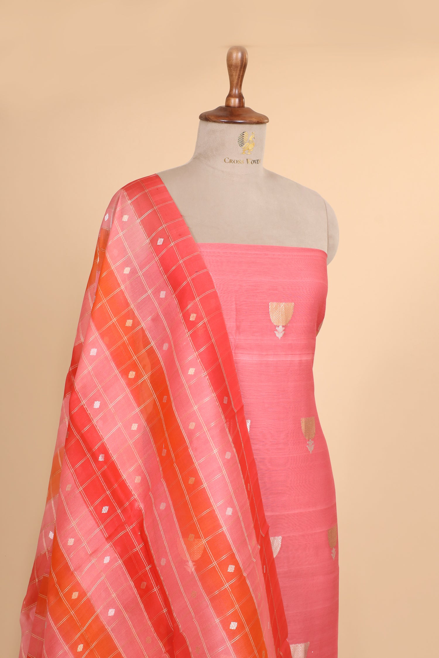 Coral Pink Premium Cotton Banarasi Suit With Organza Rangkaat Dupatta