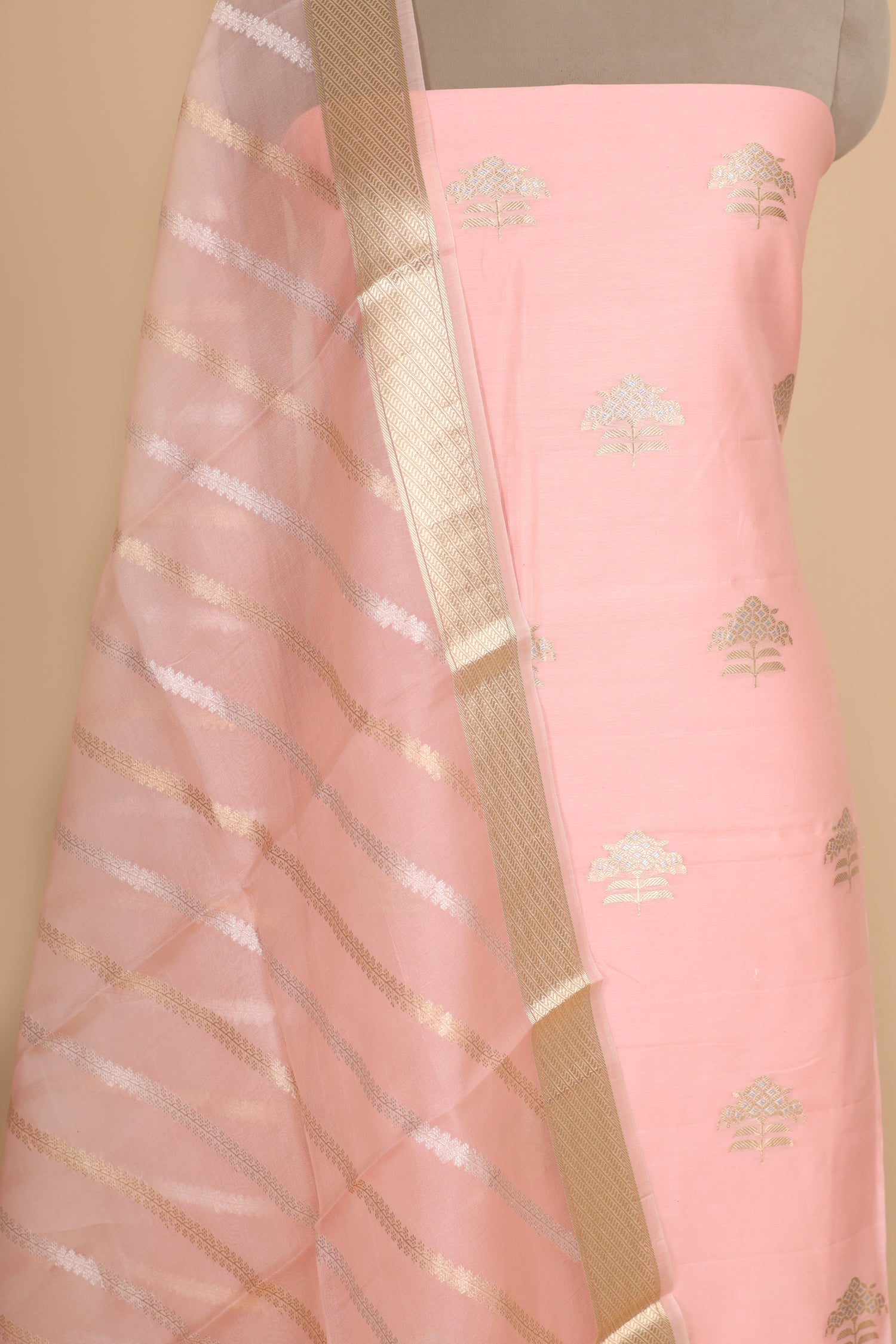 Baby Pink Premium Cotton Banarasi Suit With Organza Dupatta