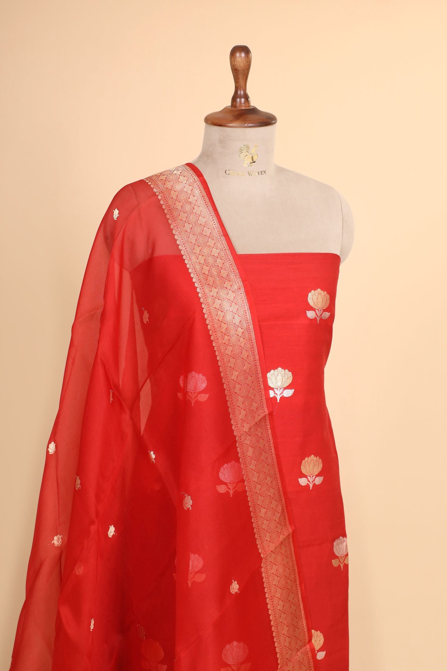 Red Premium Cotton Banarasi Suit With Organza Dupatta