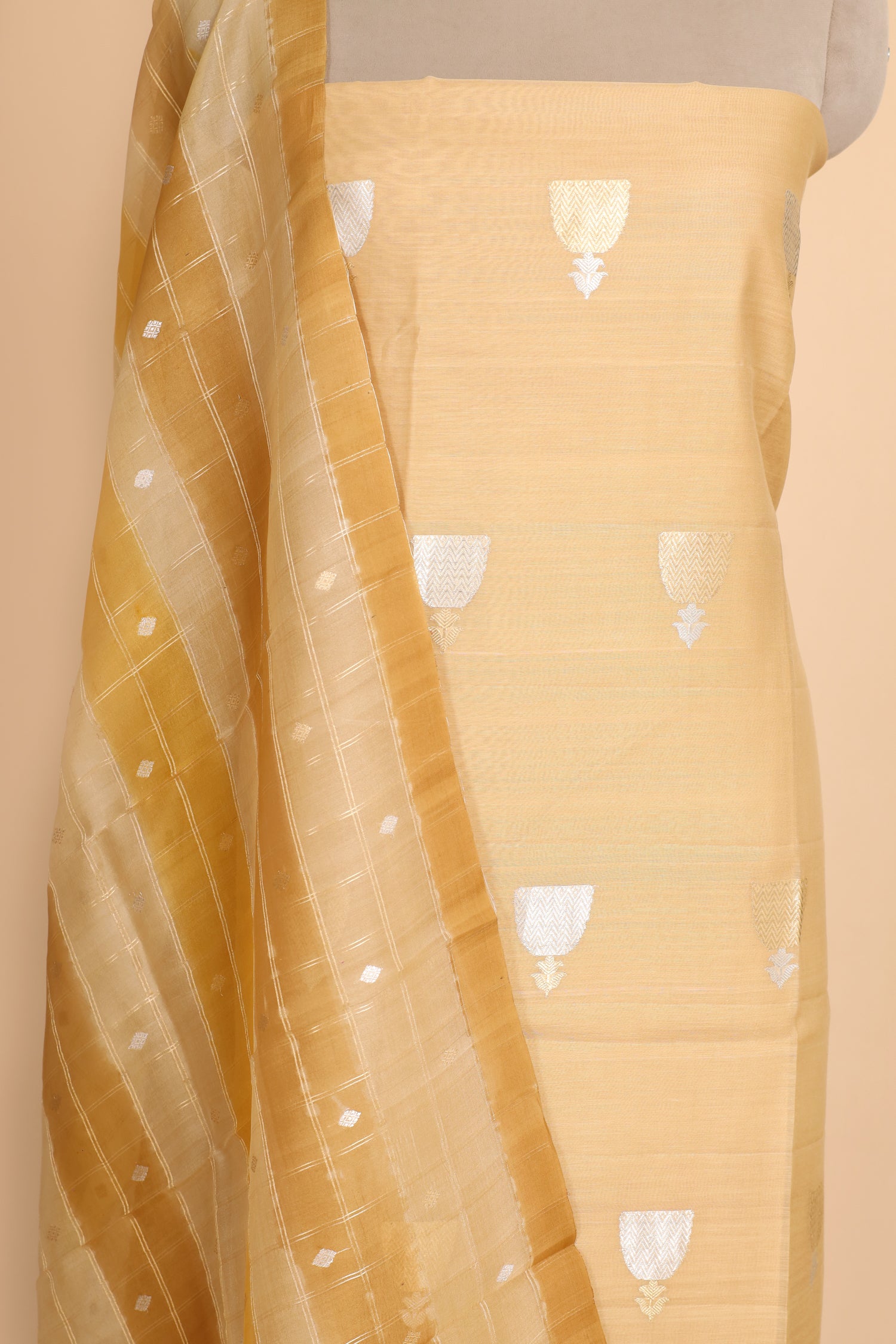 Ochre Yellow Premium Cotton Banarasi Suit With Organza Rangkaat Dupatta