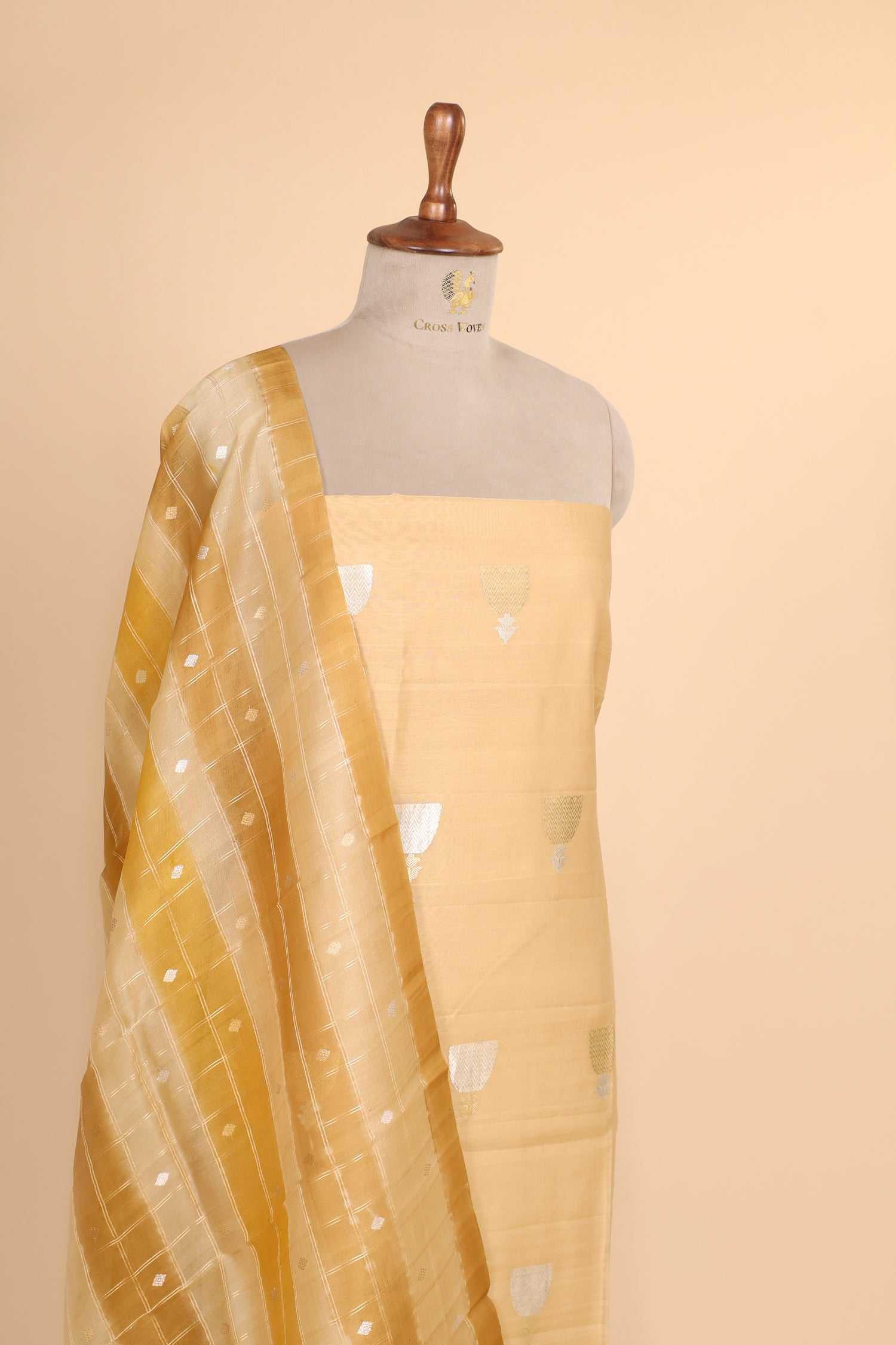 Ochre Yellow Premium Cotton Banarasi Suit With Organza Rangkaat Dupatta