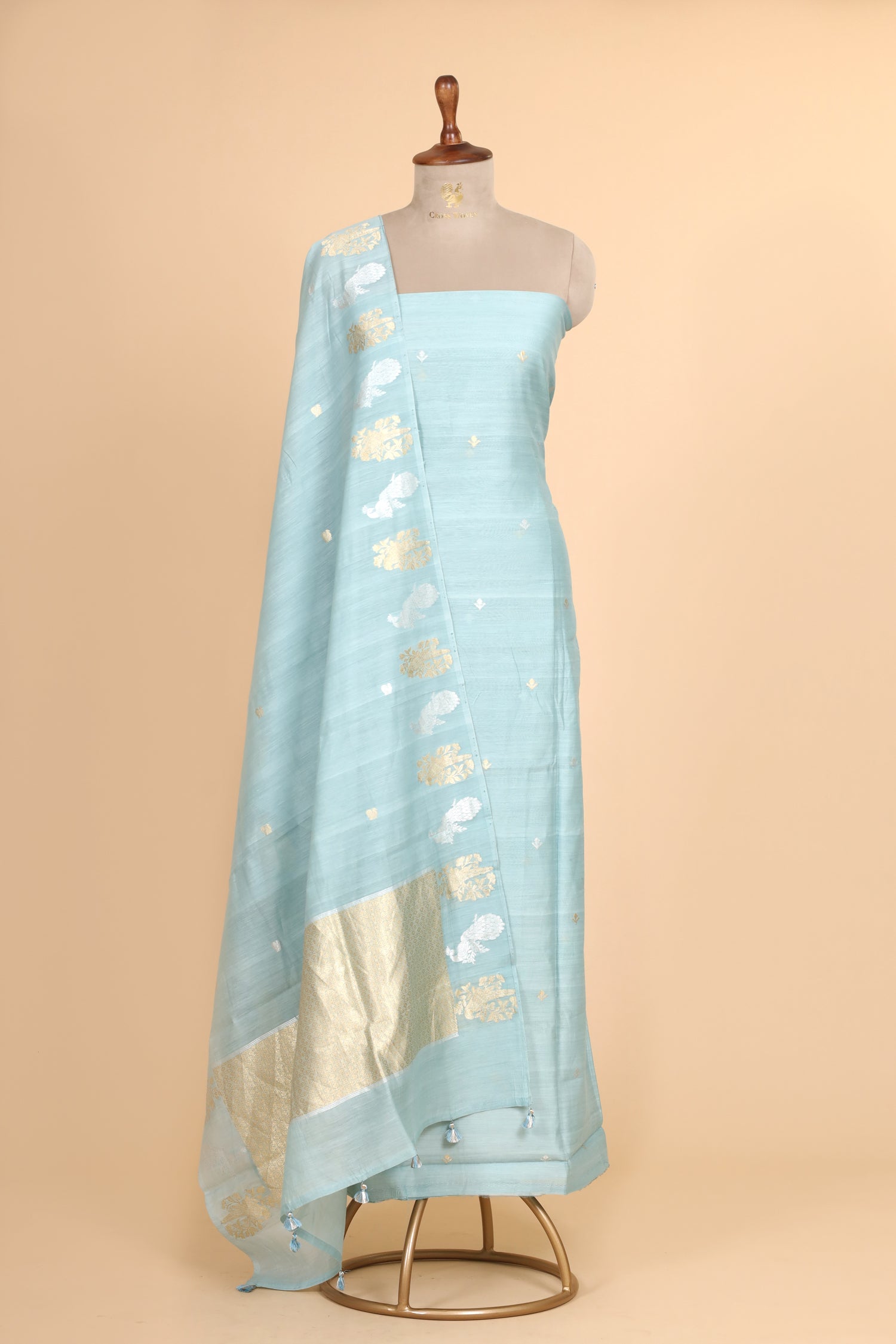 Powder Blue Premium Cotton Banarasi Suit With Organza Dupatta