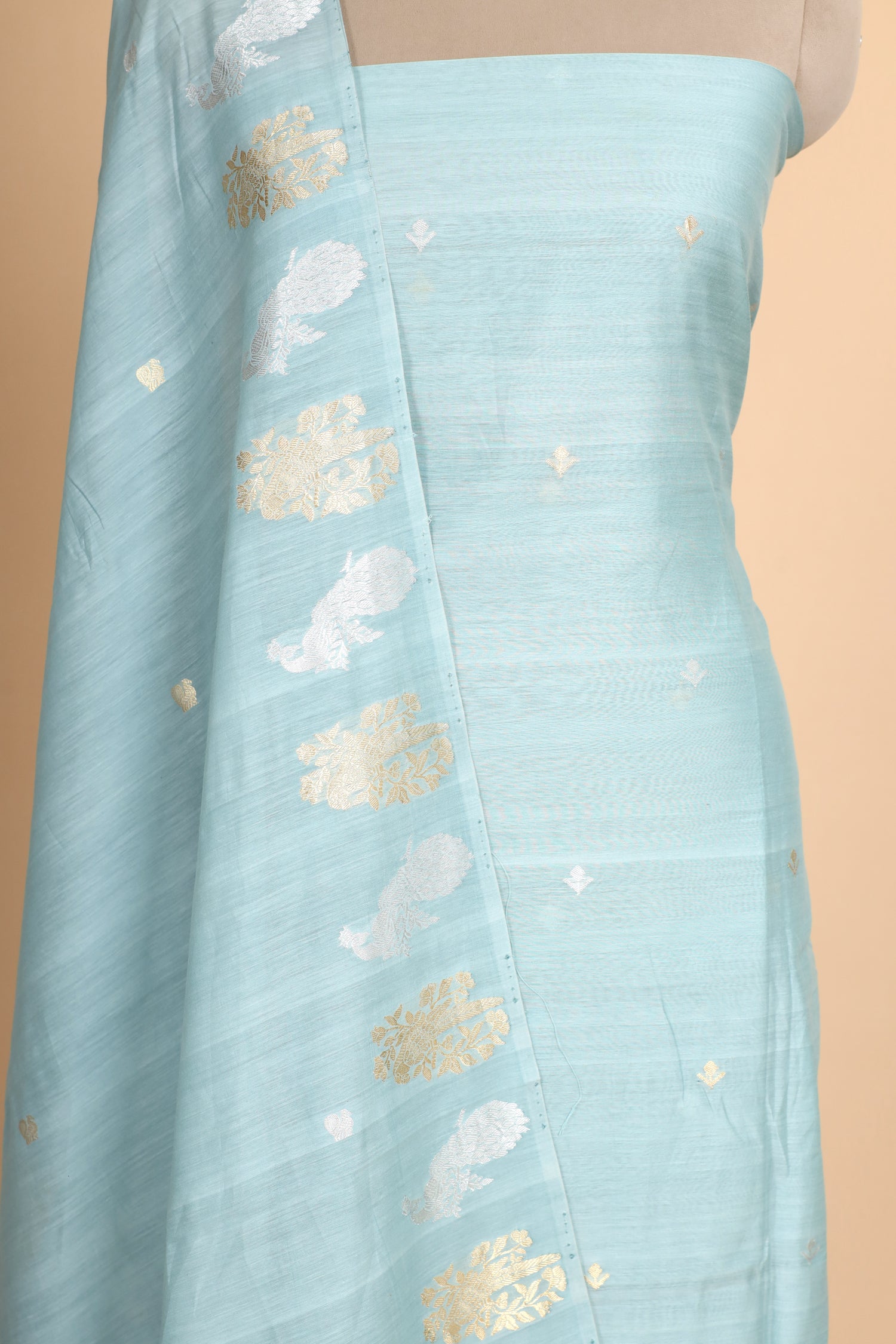 Powder Blue Premium Cotton Banarasi Suit With Organza Dupatta
