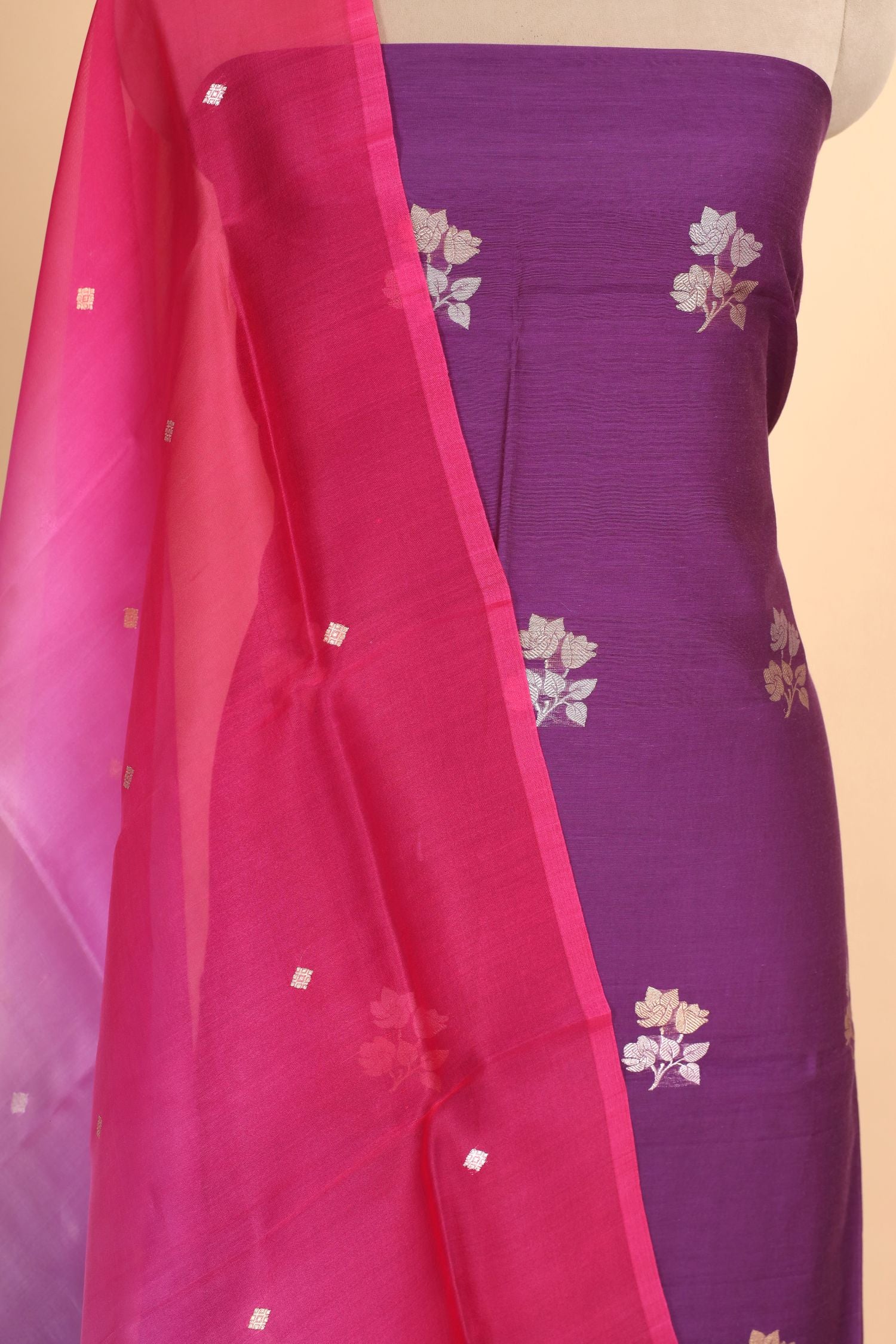 Royal Purple Premium Cotton Banarasi Suit With Organza Dupatta