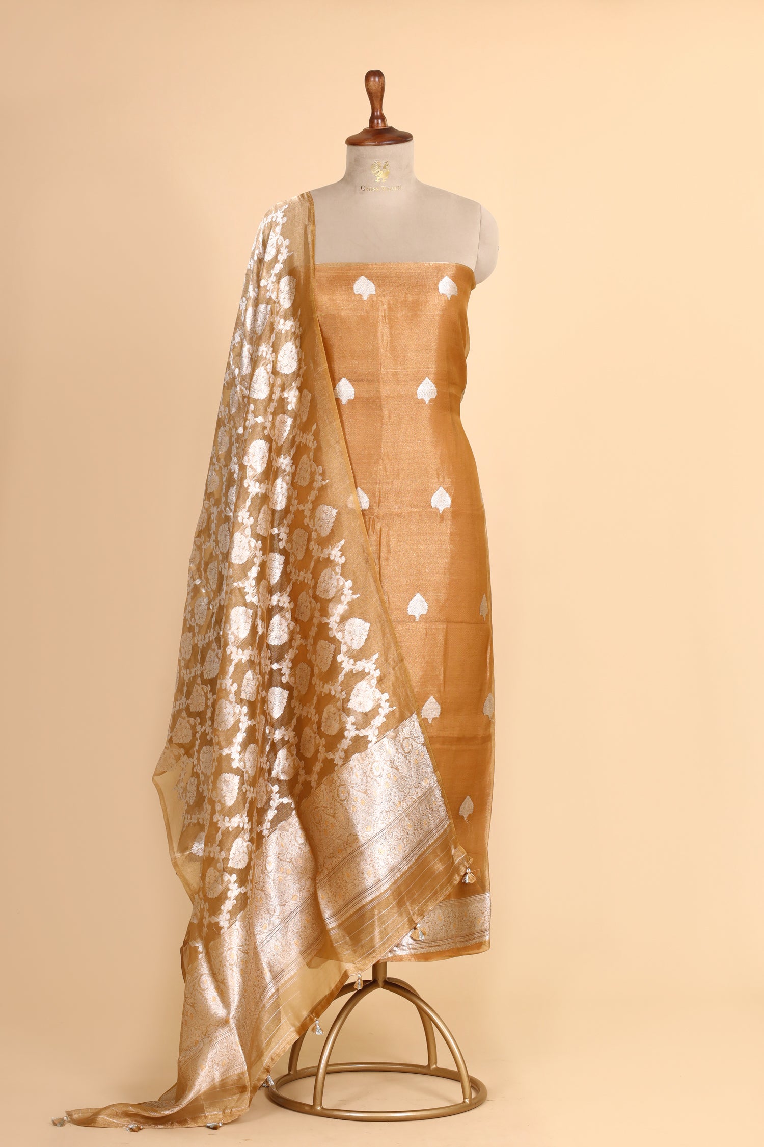 Honey Gold Yellow Tissue Silk Suit Set with Jaal Dupatta