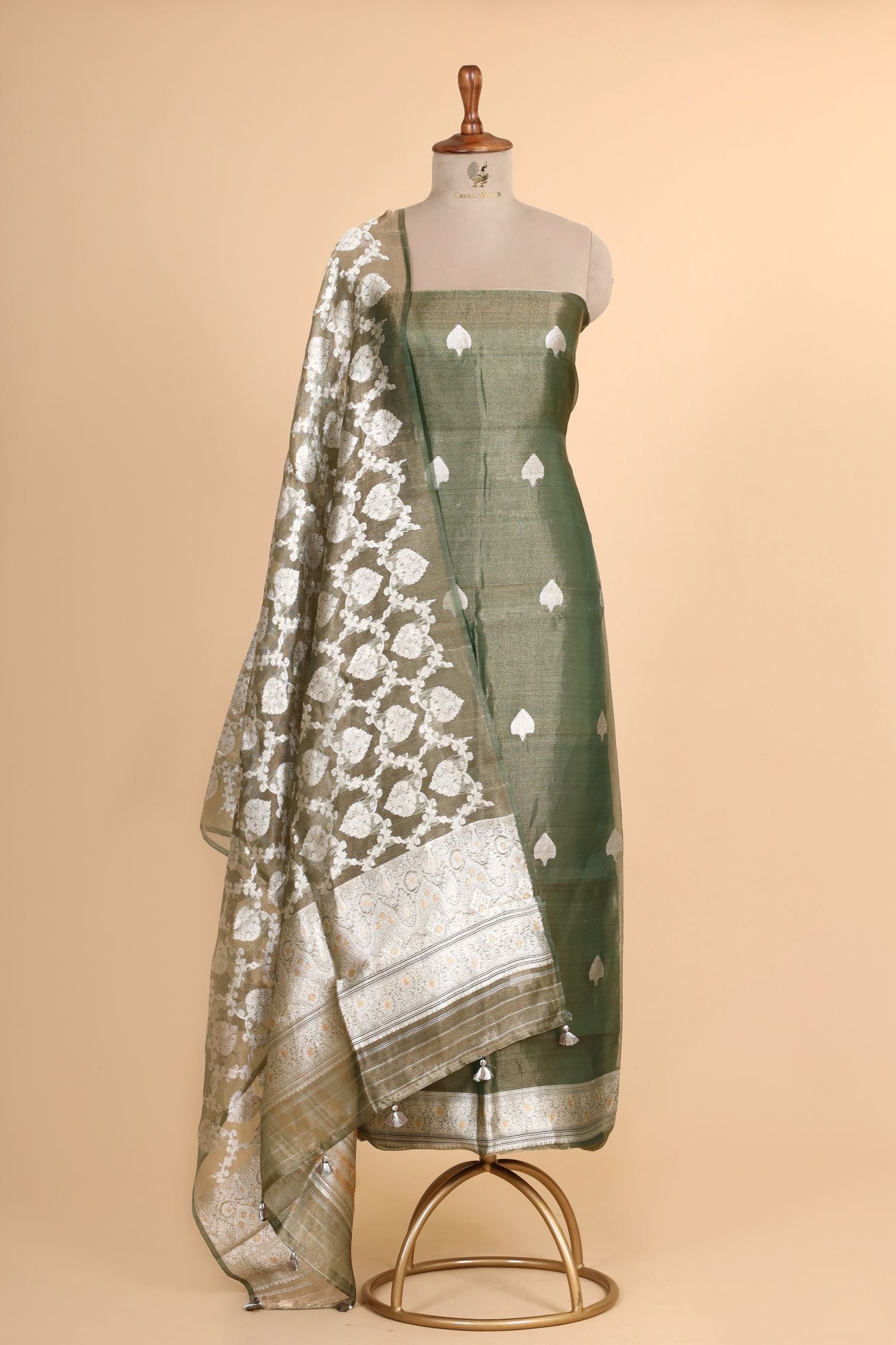 Sage Green Tissue Silk Suit Set with Silver Zari Bootis and Ornate Border