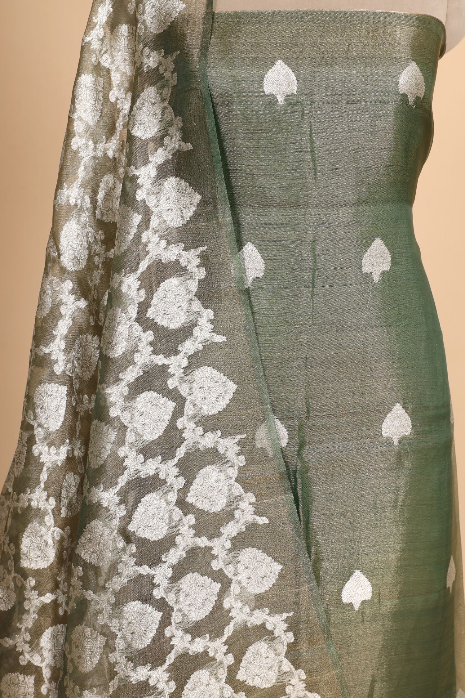 Sage Green Tissue Silk Suit Set with Silver Zari Bootis and Ornate Border