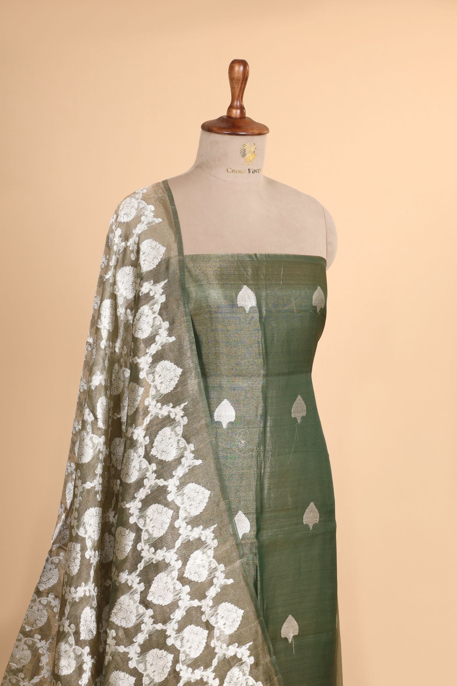 Sage Green Tissue Silk Suit Set with Silver Zari Bootis and Ornate Border