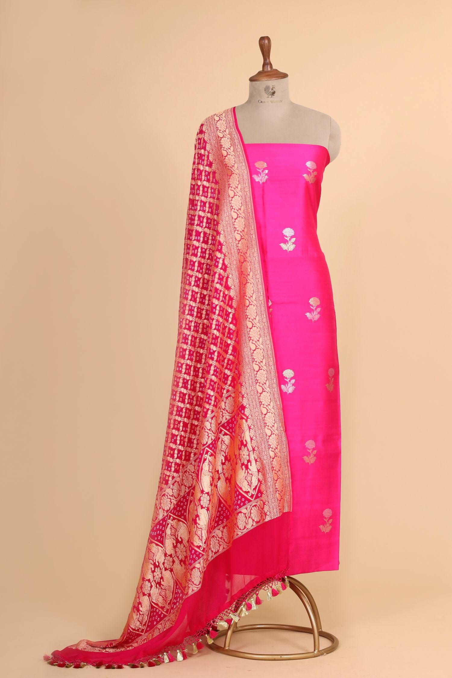 Pink Chiniya Silk Suit with Bandhani Dupatta