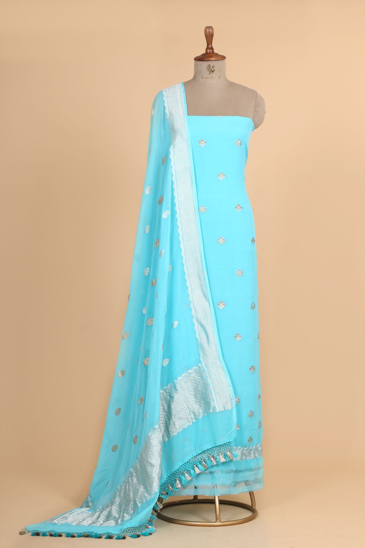 Aqua Blue Georgette Suit Set With Floral Motifs