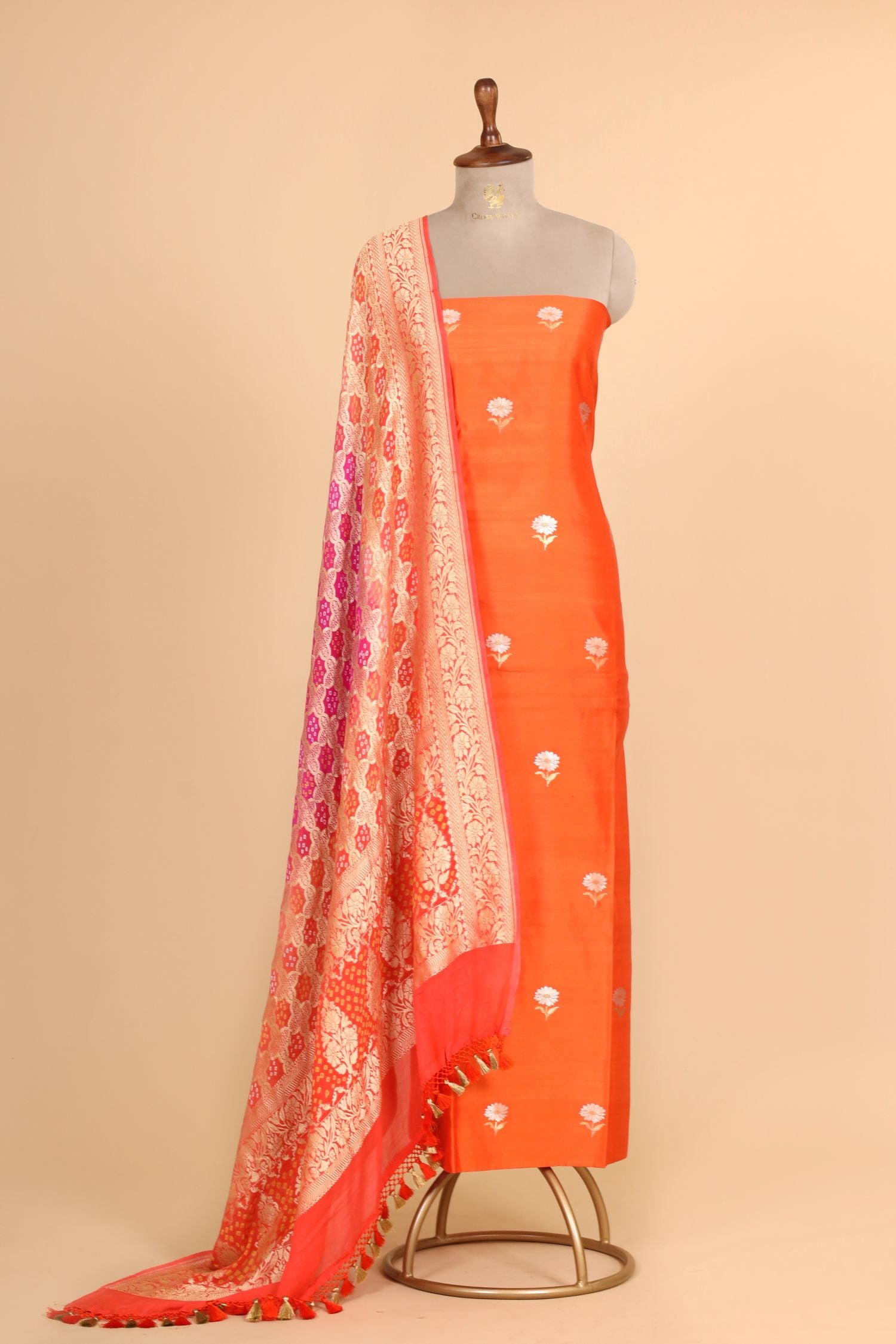 Orange Chiniya Silk Suit with Bandhani Dupatta