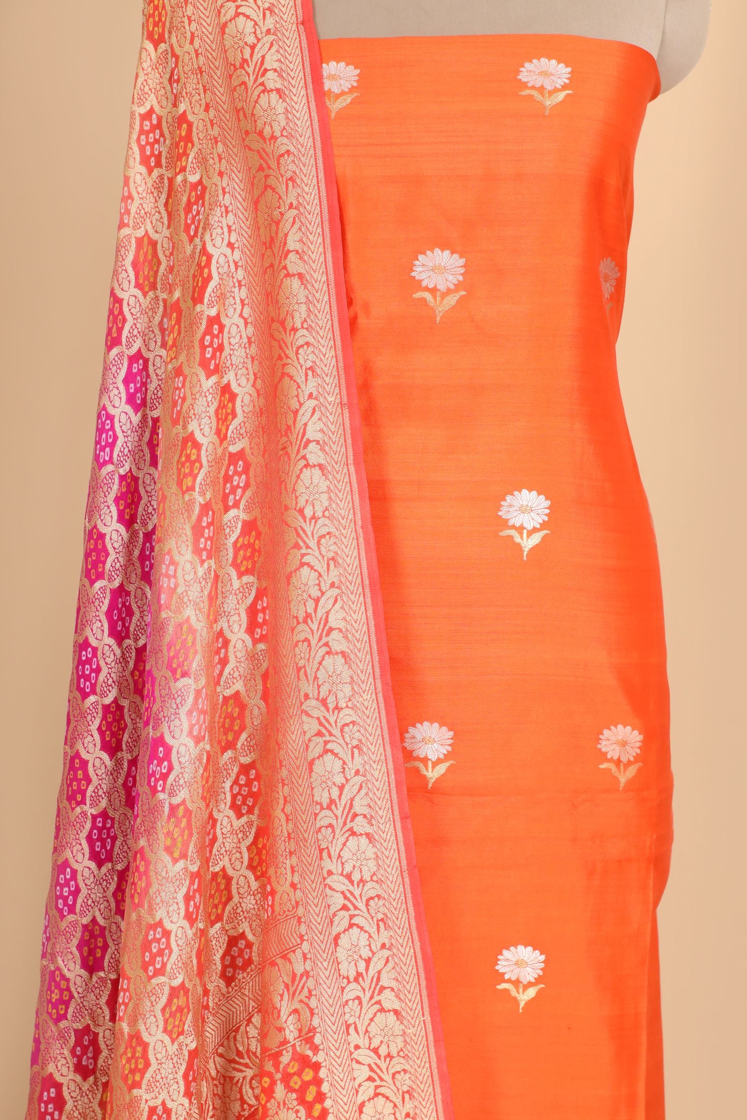 Orange Chiniya Silk Suit with Bandhani Dupatta