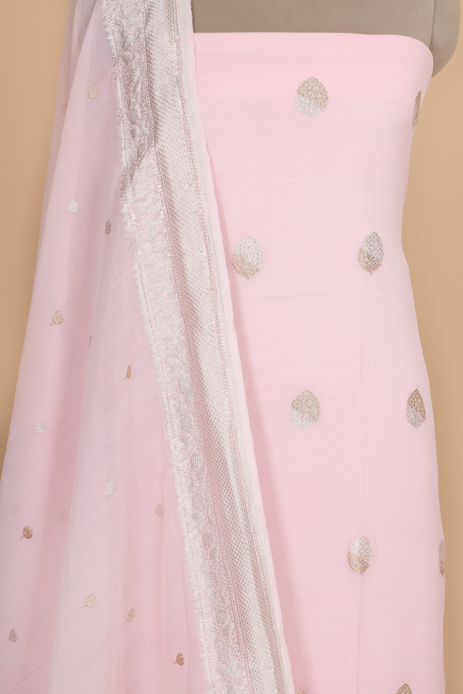 Baby Pink Georgette Suit Set With Floral Motifs