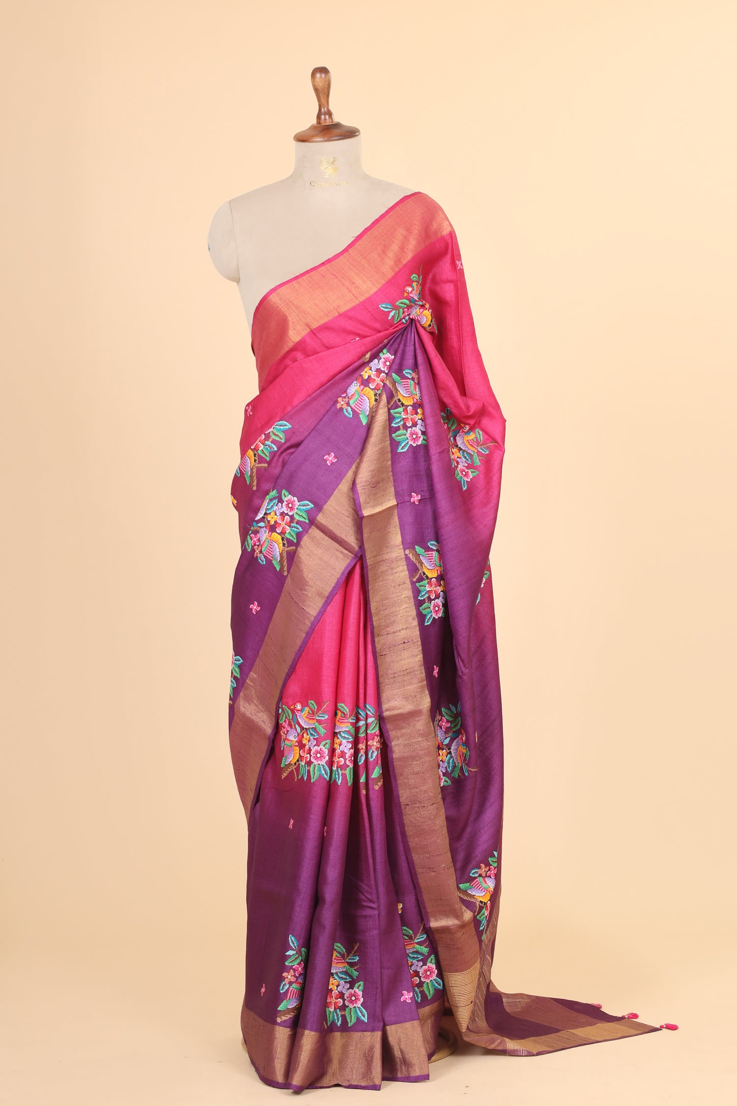 Pink Purple Ombre Tusser Silk Saree With Cross Stitch Petit Point Embroidery