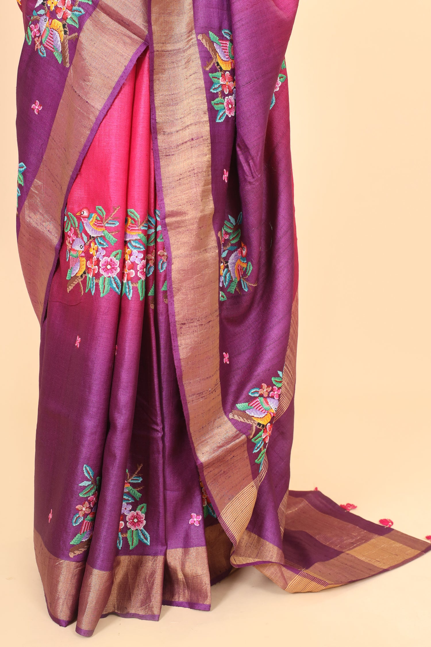 Pink Purple Ombre Tusser Silk Saree With Cross Stitch Petit Point Embroidery