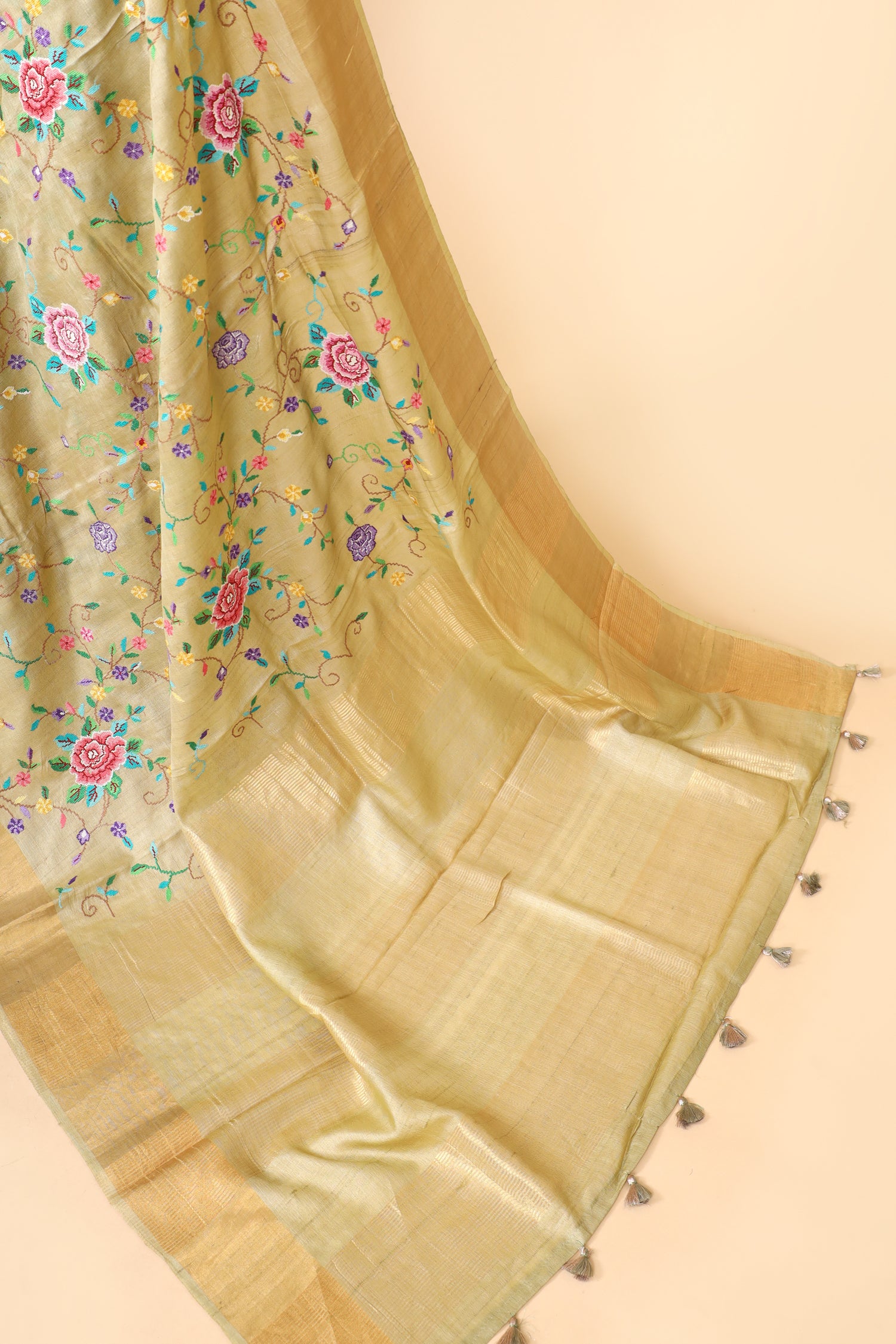 Pista Green Tusser Silk Saree With Cross Stitch Petit Point Embroidery
