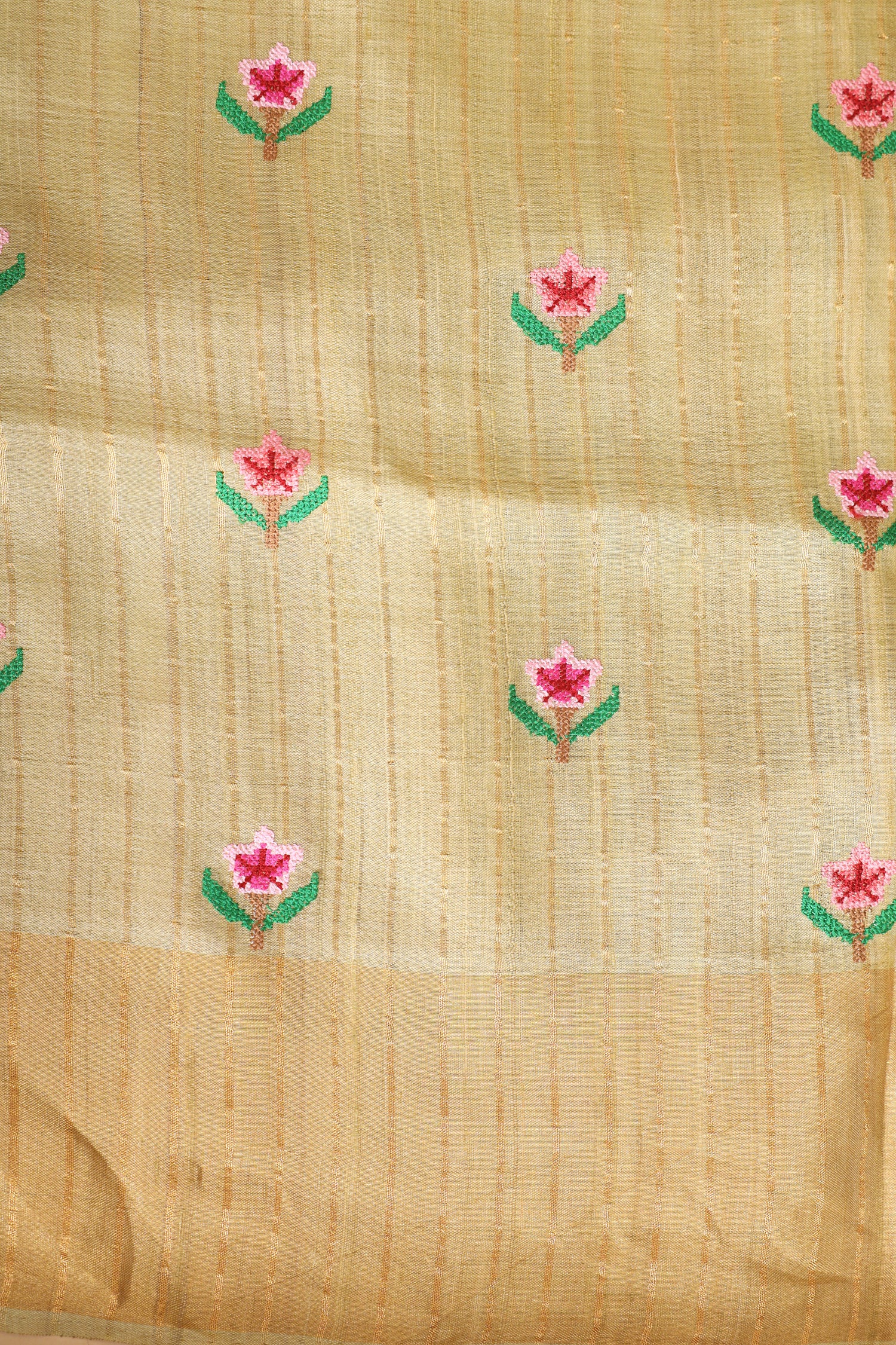 Pista Green Tusser Silk Saree With Cross Stitch Petit Point Embroidery