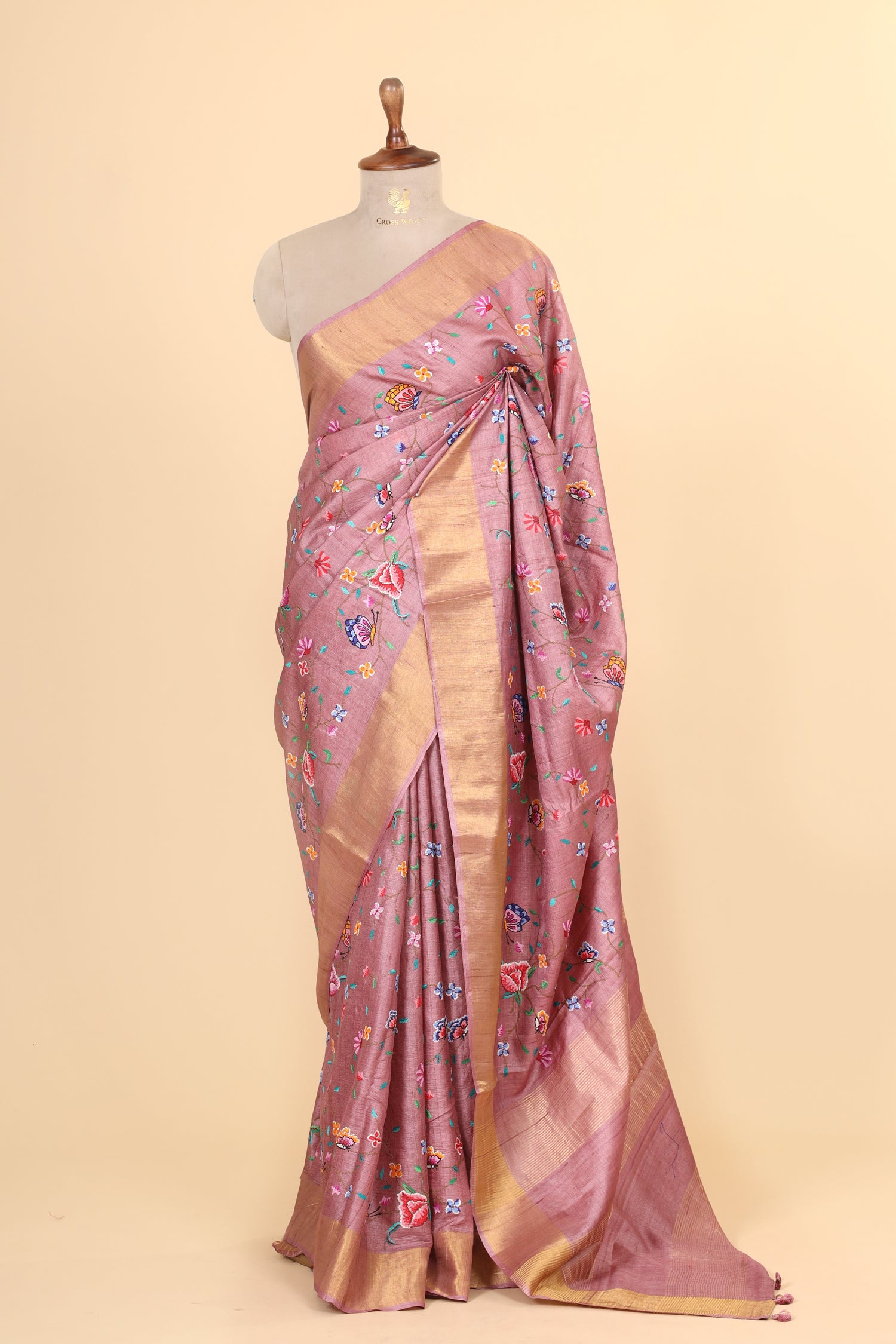 Dusty Pink Tusser Silk Saree With Cross Stitch Petit Point Embroidery