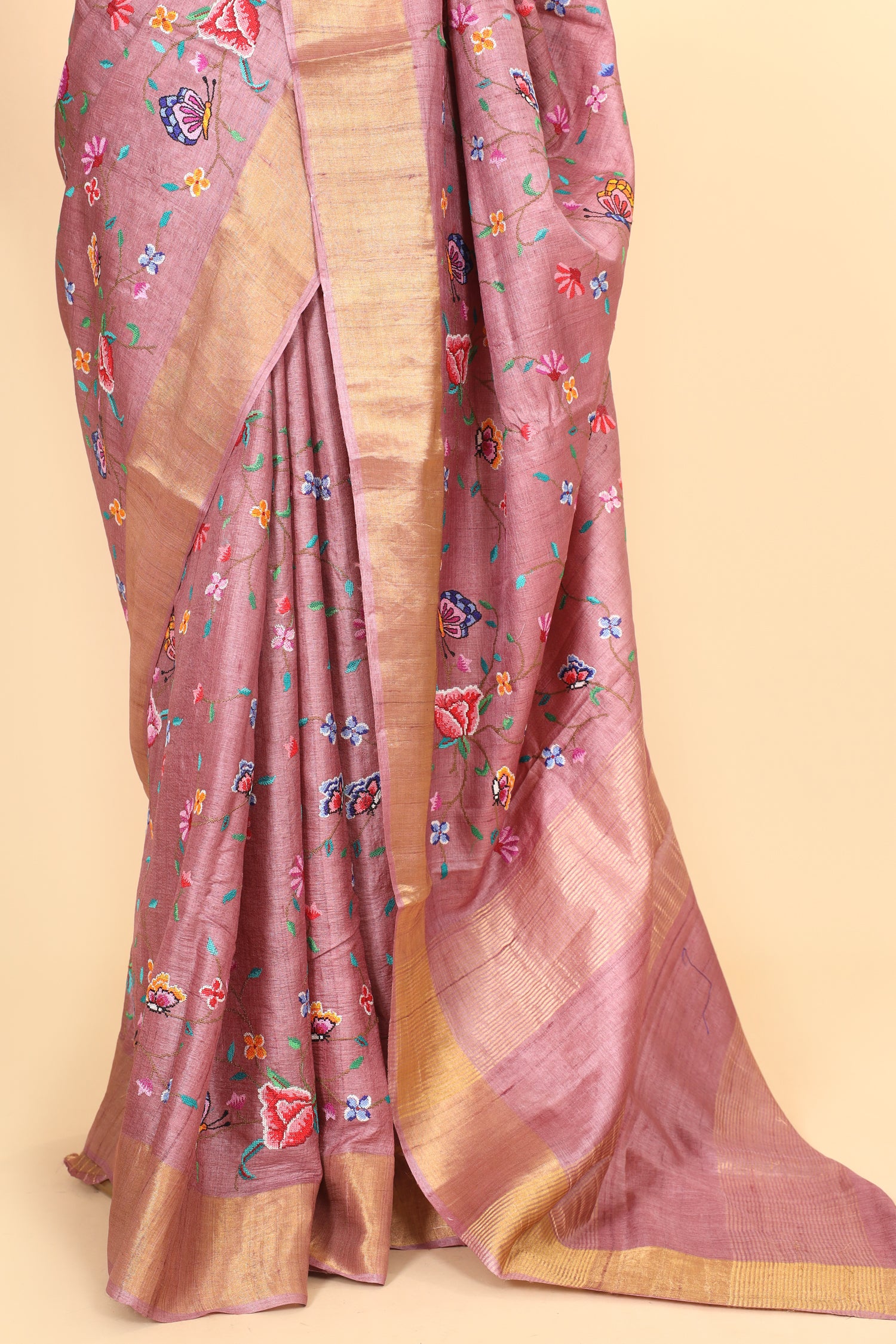 Dusty Pink Tusser Silk Saree With Cross Stitch Petit Point Embroidery
