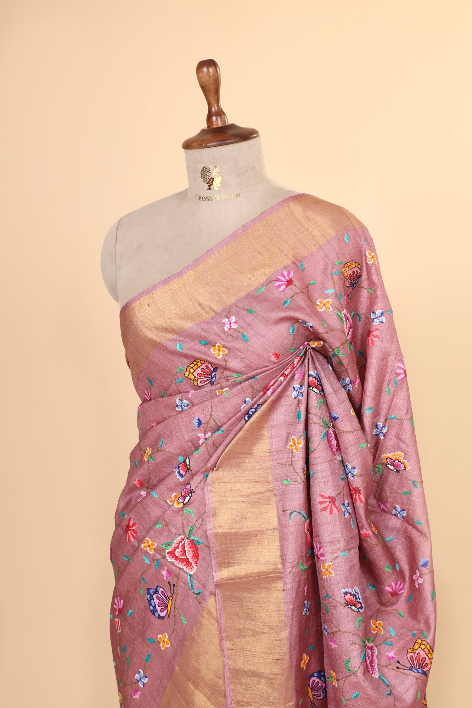 Dusty Pink Tusser Silk Saree With Cross Stitch Petit Point Embroidery