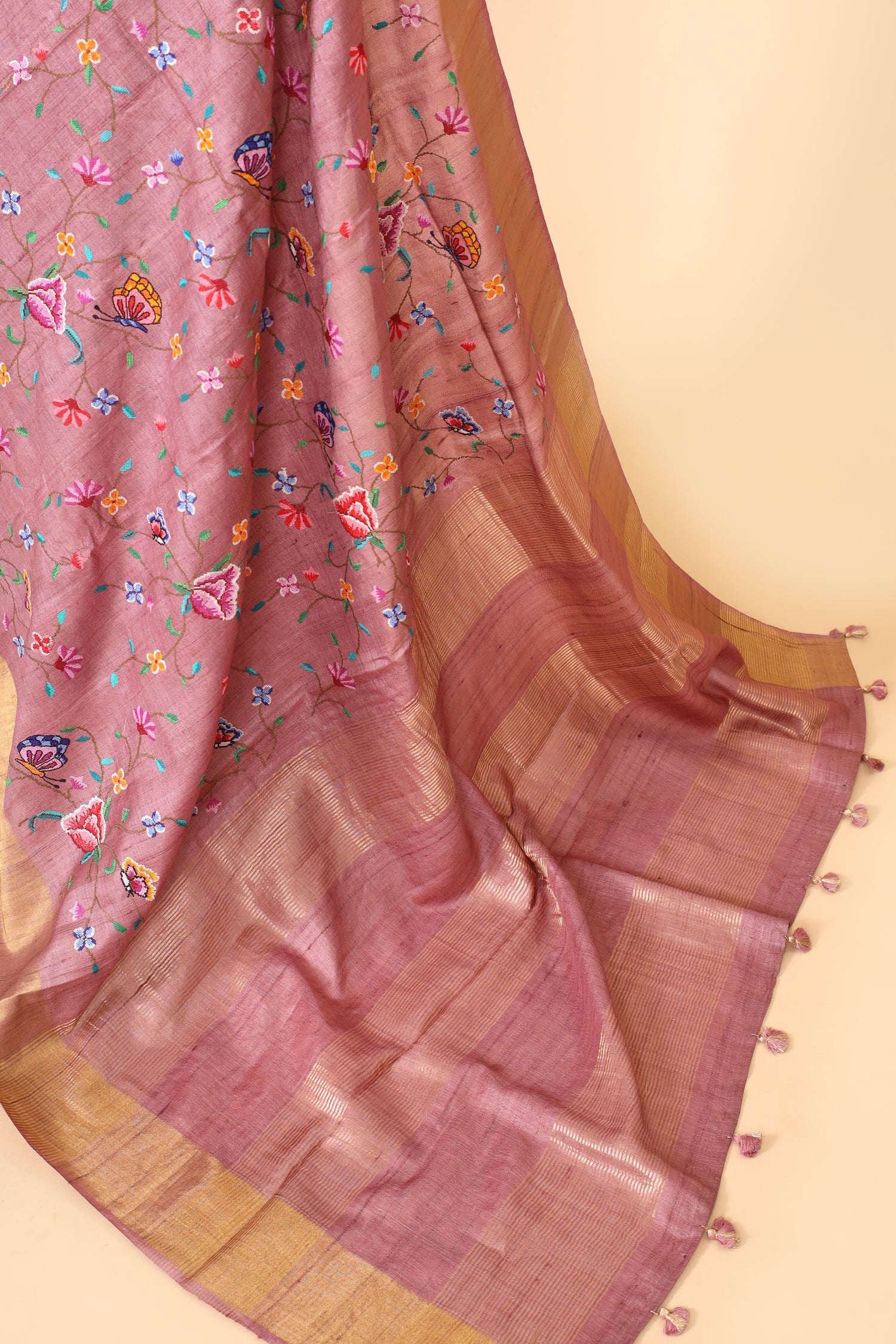 Dusty Pink Tusser Silk Saree With Cross Stitch Petit Point Embroidery