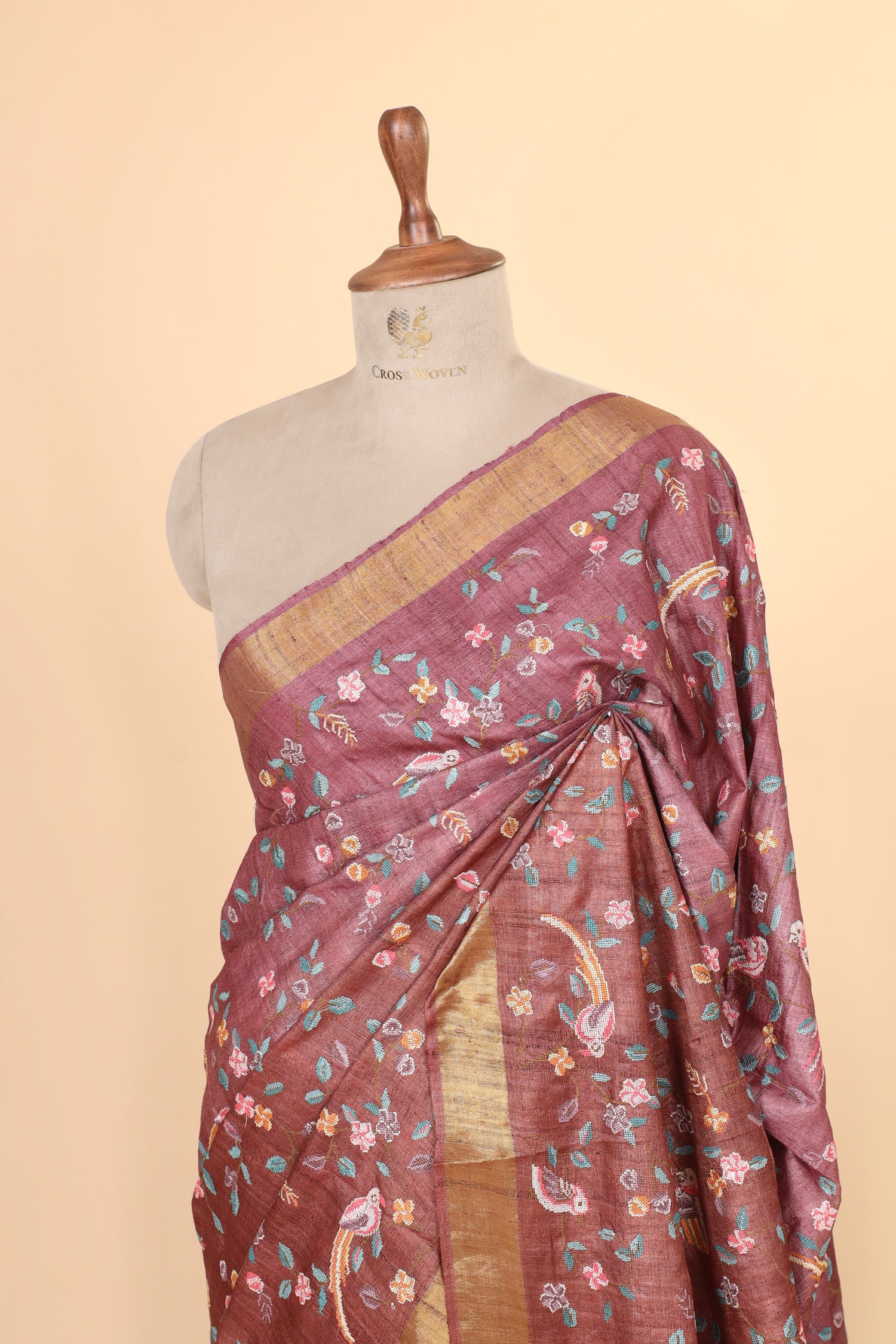 Brown Pink Ombre Pure Tussar Silk Saree With Cross Stitch Petit Point Embroidery