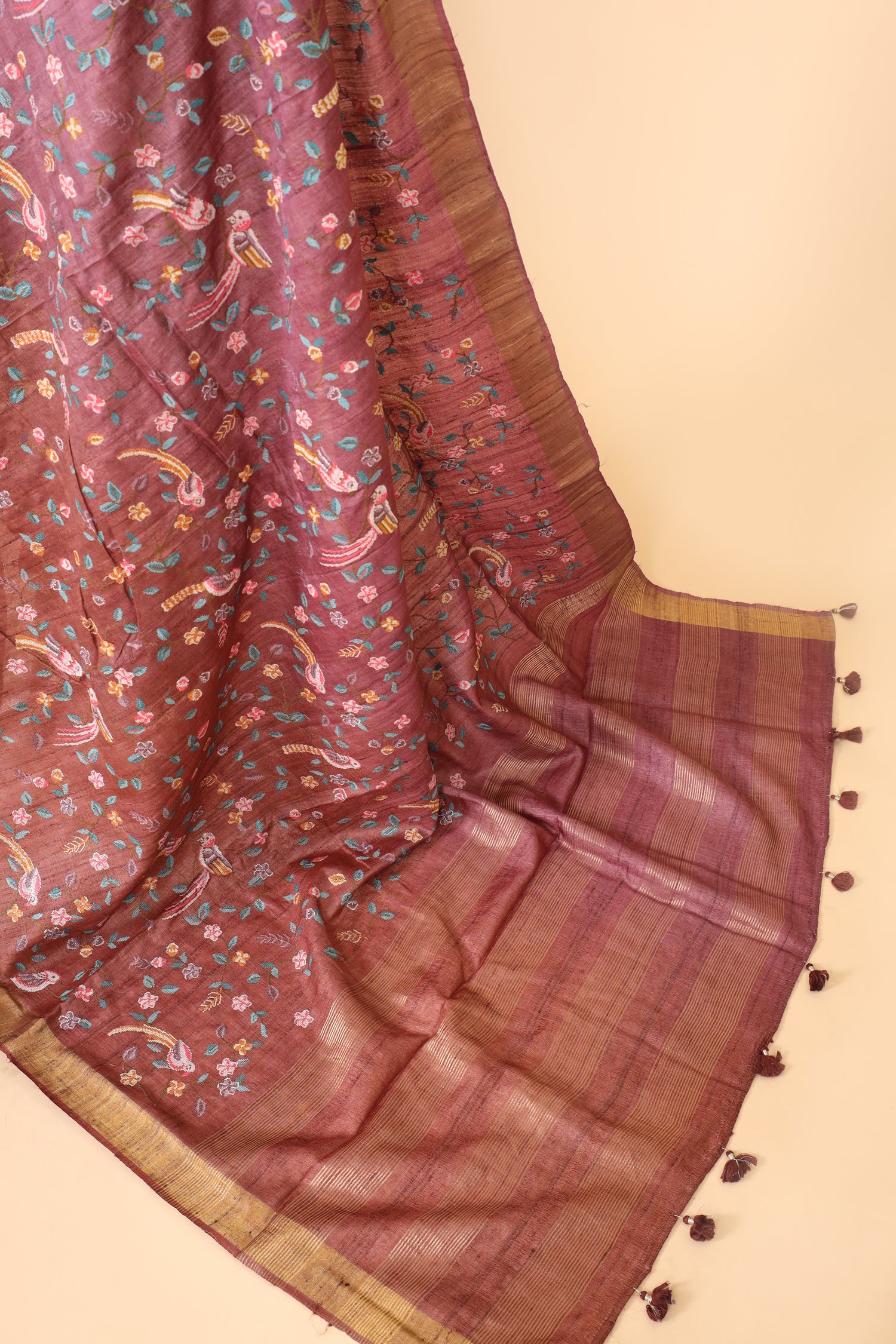 Brown Pink Ombre Pure Tussar Silk Saree With Cross Stitch Petit Point Embroidery