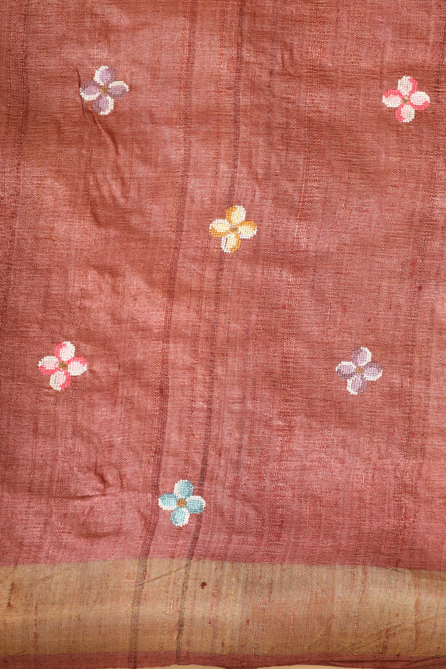 Brown Pink Ombre Pure Tussar Silk Saree With Cross Stitch Petit Point Embroidery