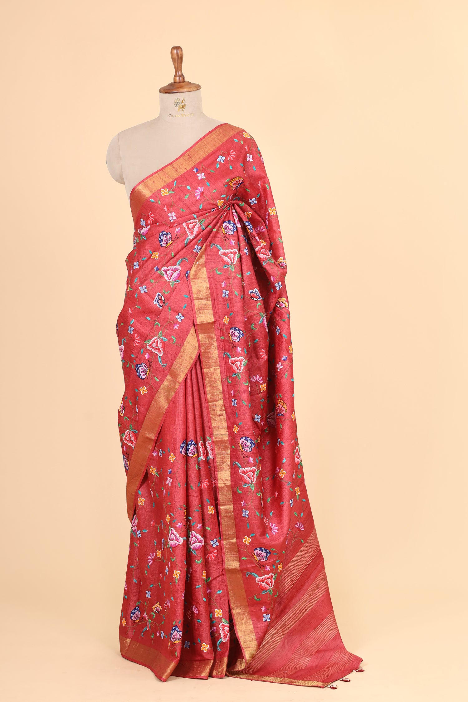 Red Tusser Silk Saree With Cross Stitch Petit Point Embroidery